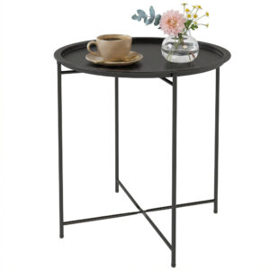 18" Outdoor Side Table with Removable Tray and Folding Legs, Indoor Outdoor for Balcony, Porch, Black