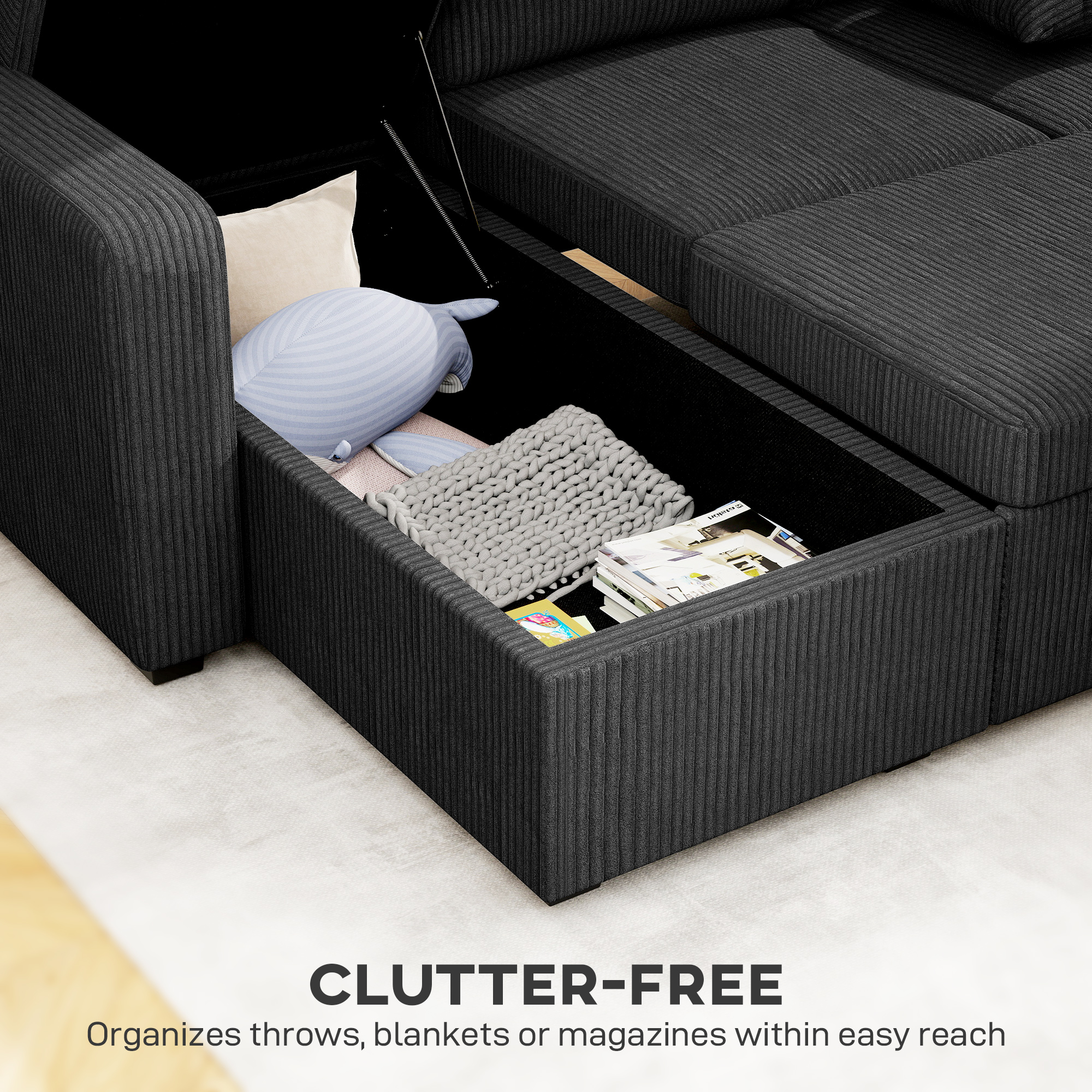 81" Sofa Bed, 2 In 1 Pull Out Sleeper Sofa Bed with Storage, Corduroy Convertible Couch for Living Room, Dark Grey - Image 4