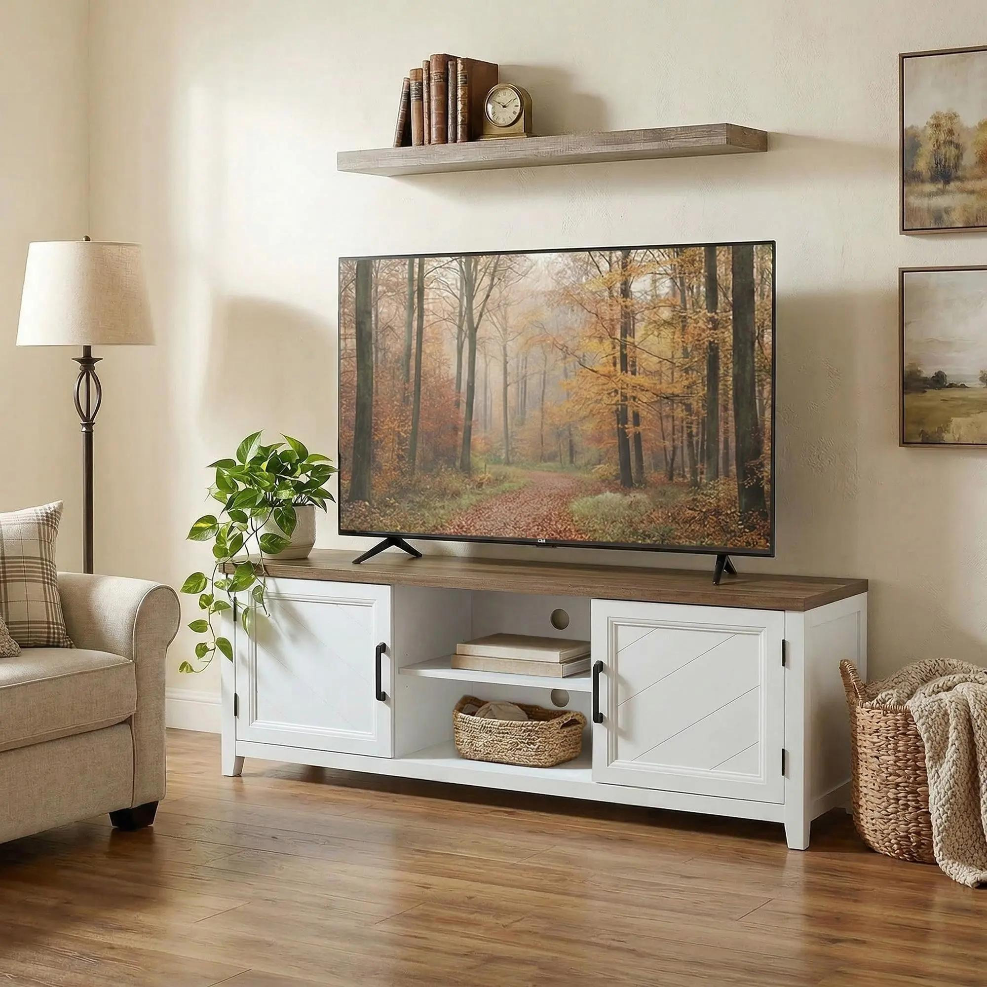 TV Stand for TVs up to 65 Inch, Entertainment Center with 2 Open Shelves, 2 Cabinets, Thick Top, White and Brown - Image 6