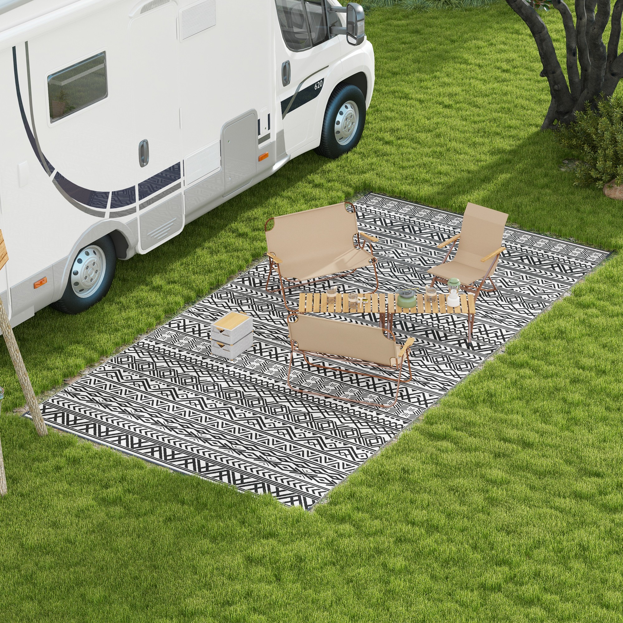 Reversible Outdoor Rug Waterproof Plastic Straw RV Rug with Carry Bag, 9' x 18', Grey and Cream White Boho - Image 6