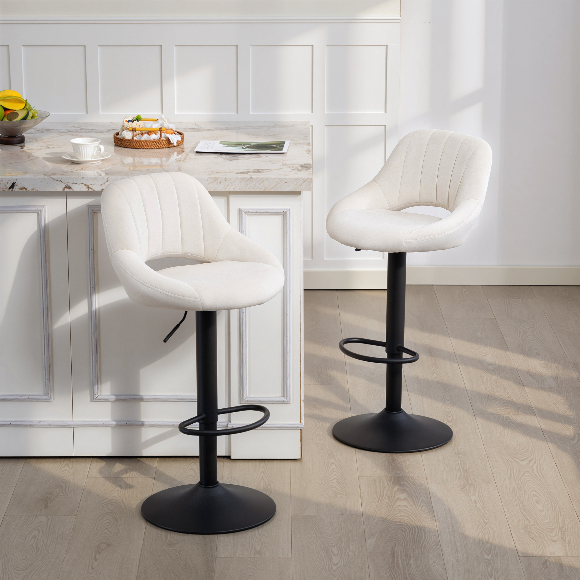 Bar Stools Set of 2, Swivel Counter Height Barstools with Adjustable Height and Cutout Back, Velvet Upholstered Bar Chairs with Round Metal Base and Footrest, Cream - Image 6