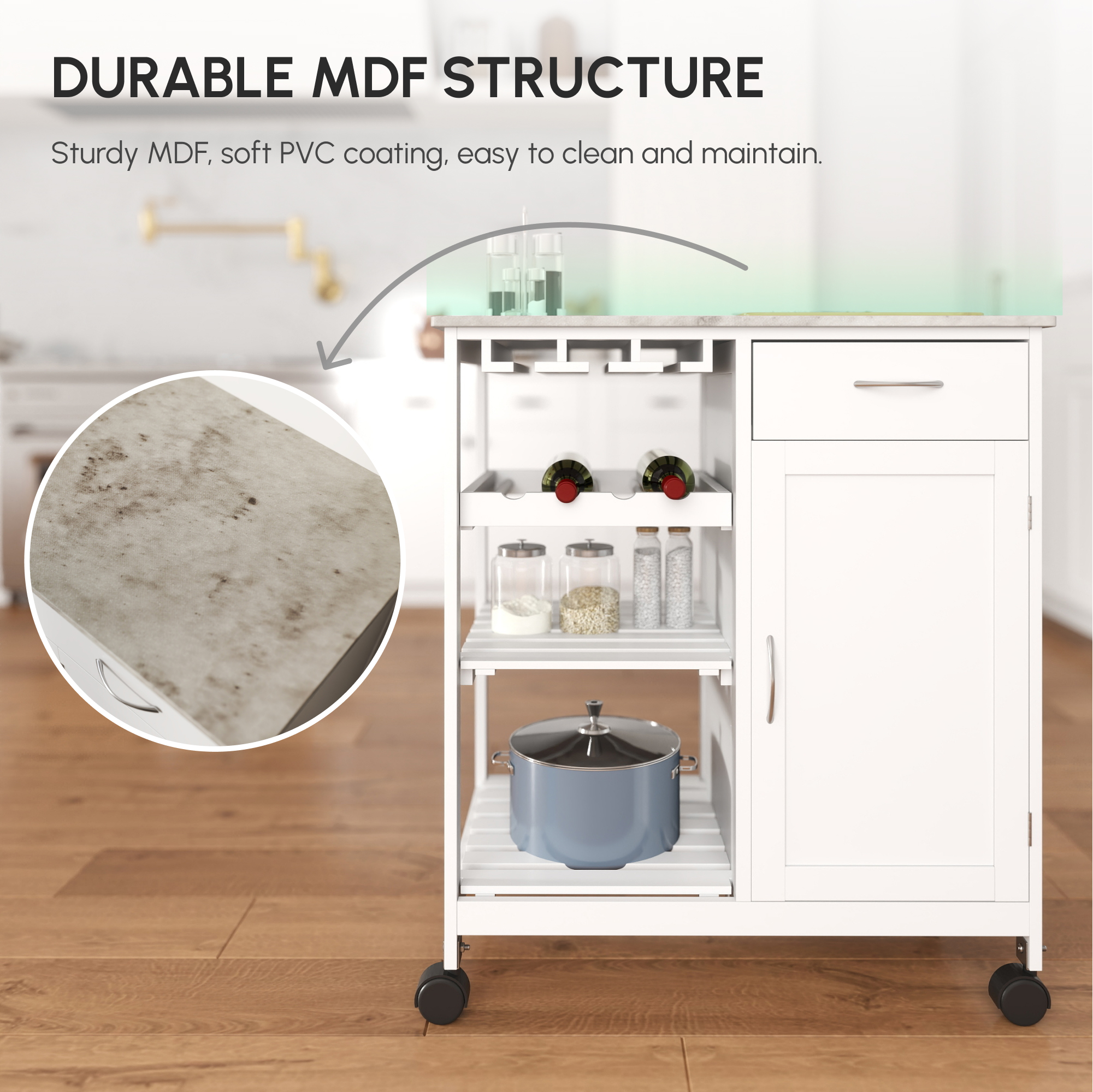 Rolling Kitchen Cart, Bar Cart on Wheels with Wine Rack, Drawer, Open Shelves, Cabinet and Faux Marble Top, Kitchen Island with Storage, White - Image 2
