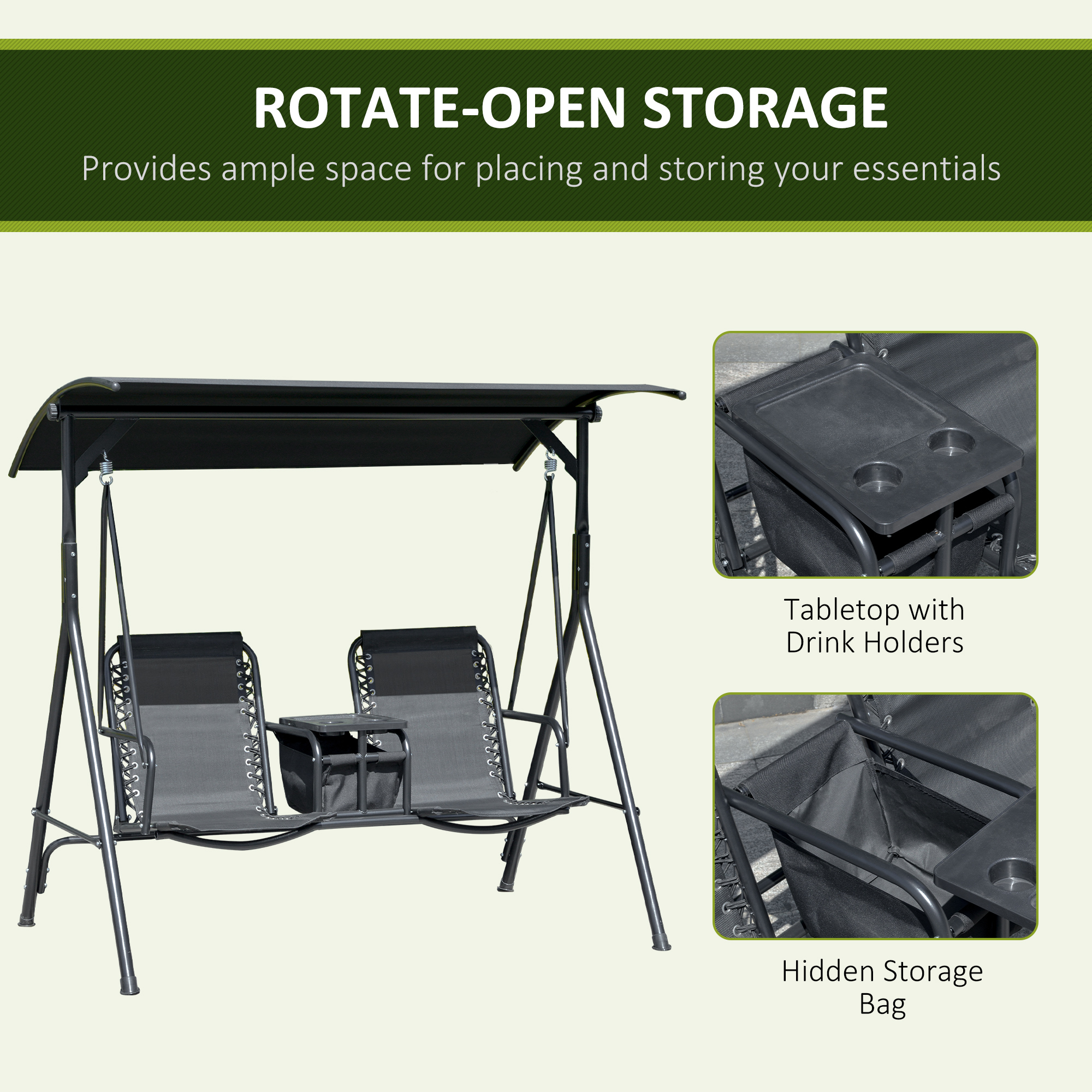 2 Person Covered Porch Swing Patio Swing with Pivot Storage Table, Cup Holder, & Adjustable Overhead Canopy, Black - Image 4