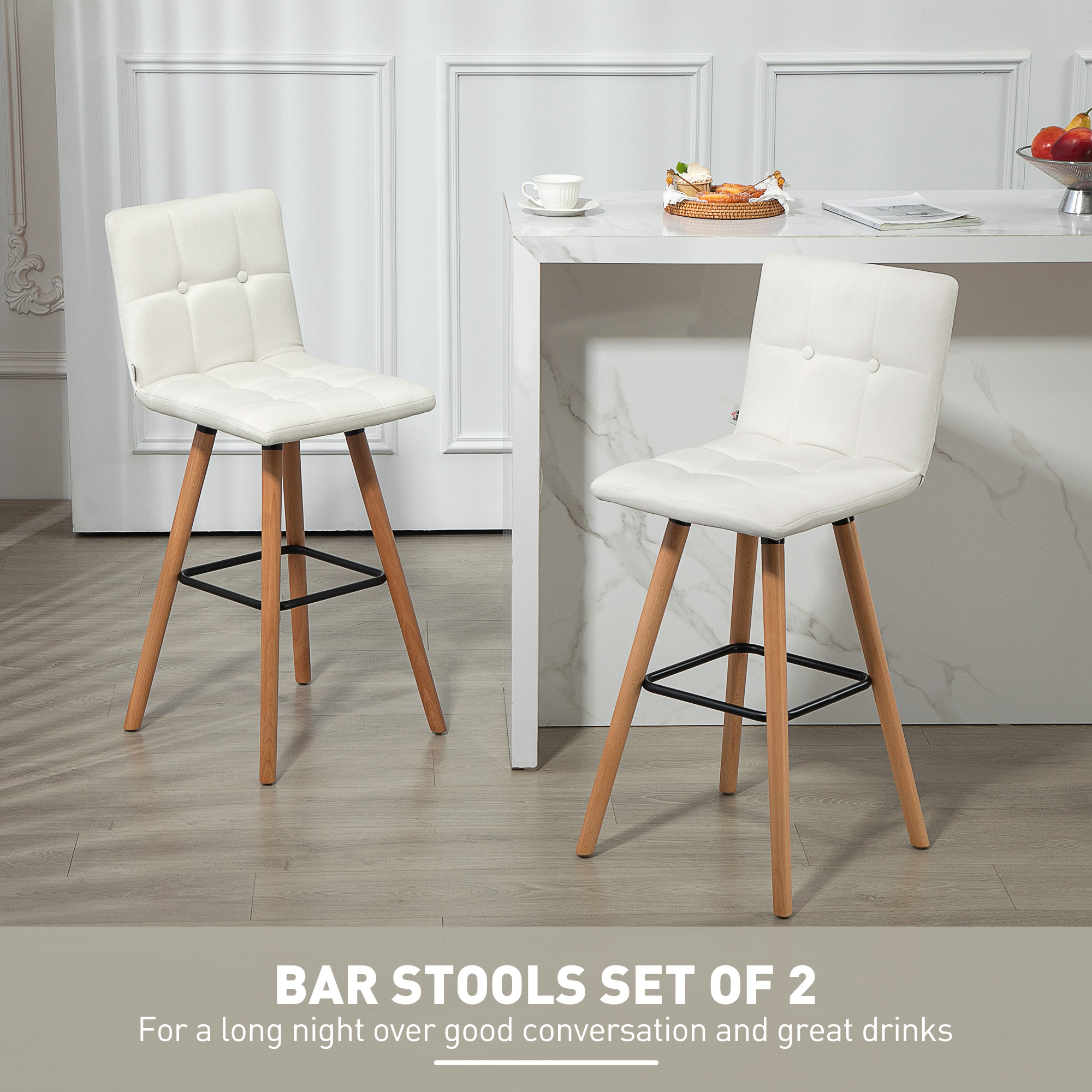 Modern Bar Stools Set of 2, 38" Upholstered Kitchen Island Stool with Solid Wood Legs, White - Image 2