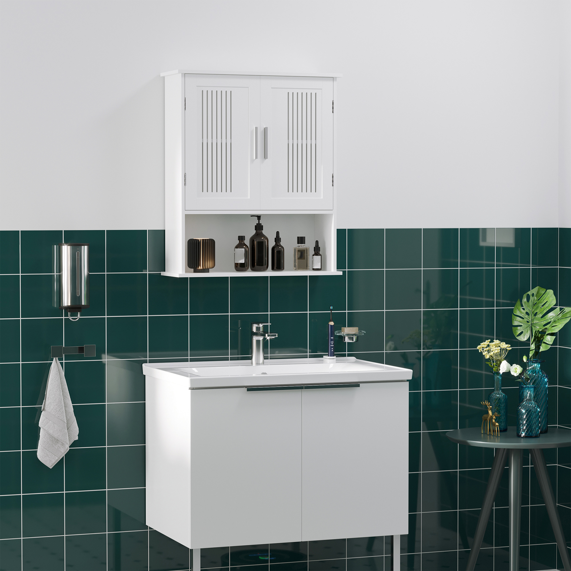 Modern Wall Mount Bathroom Cabinet, Storage Organizer with 2 Door Cabinet and Shelf, White - Image 6
