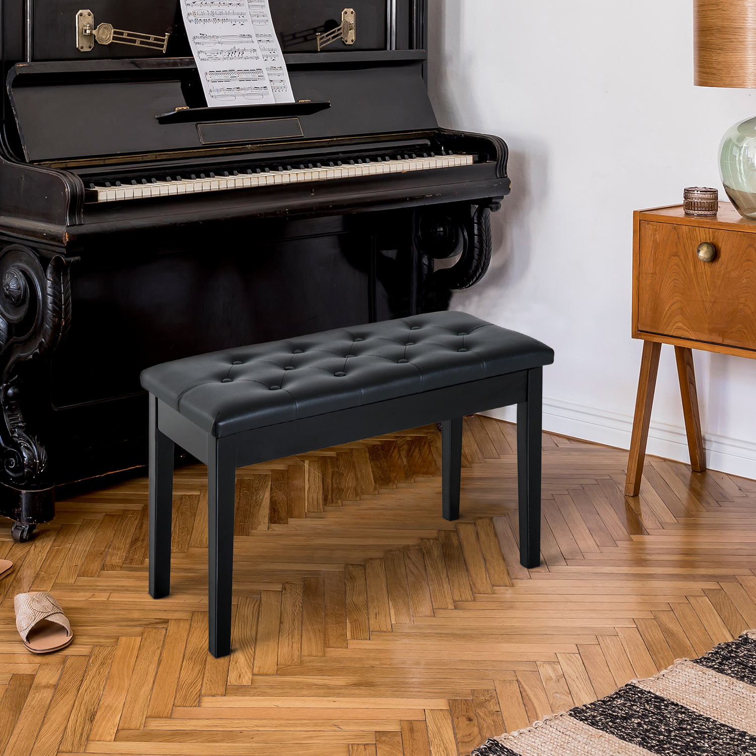 30" Piano Bench with Padded Cushion and Storage, Faux Leather Keyboard Bench with Solid Wood Legs, Black - Image 2