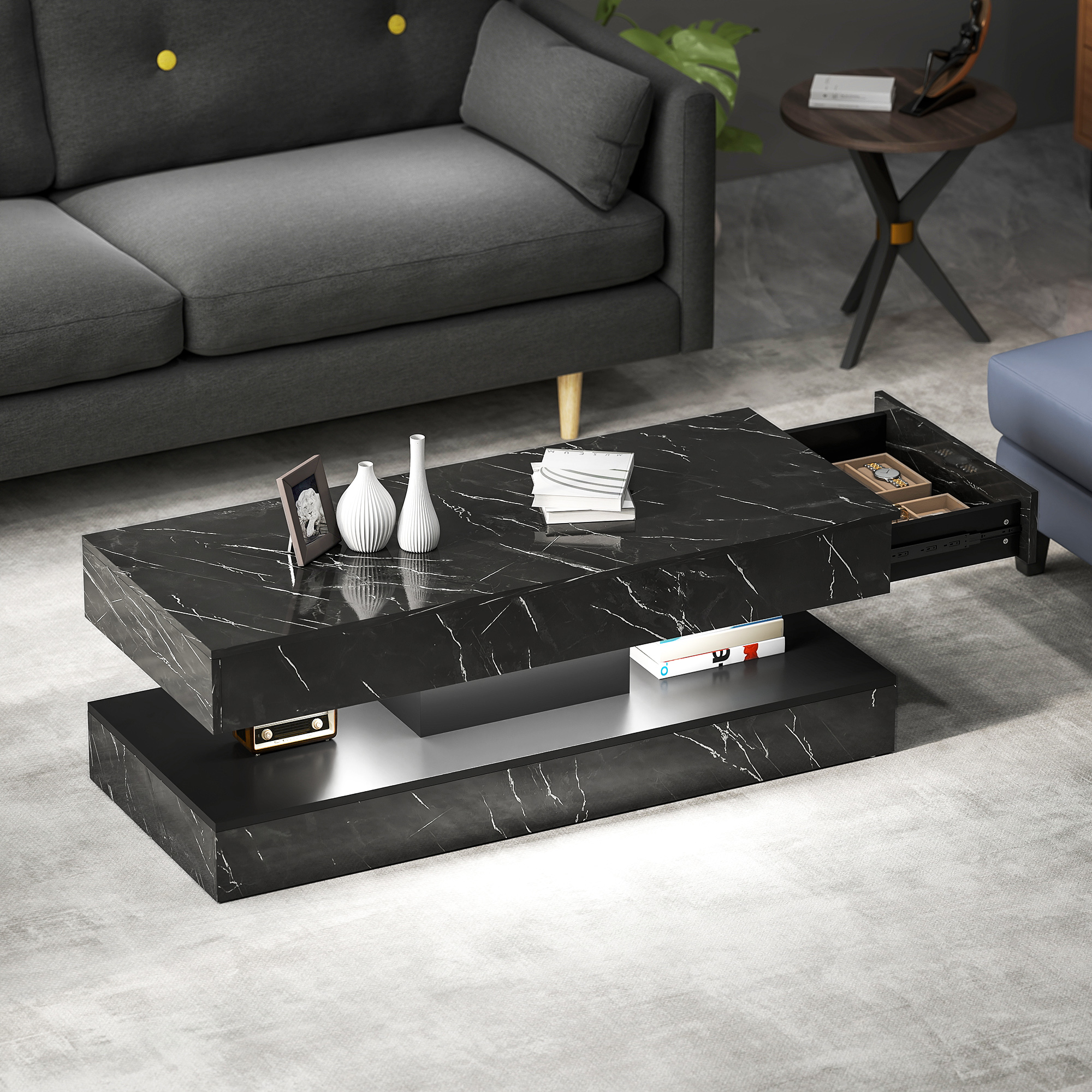 Coffee Table with Adjustable LED Lights, Center Table with 2 Drawers, Open Shelf, Remote, High Gloss Marble-Effect Black - Image 6