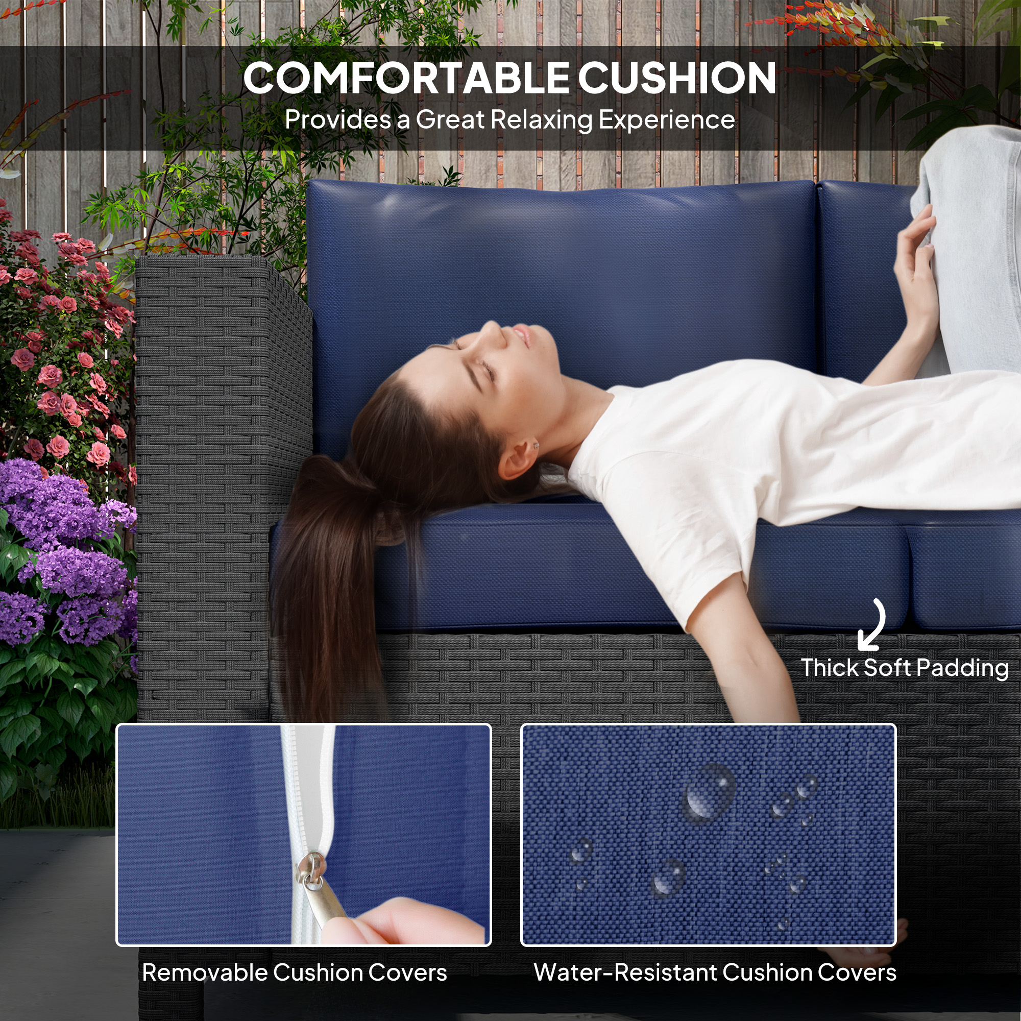 Deluxe 3 Seat Rattan Wicker Sofa Garden Outdoor Patio Furniture with Cushion, Navy Blue - Image 3