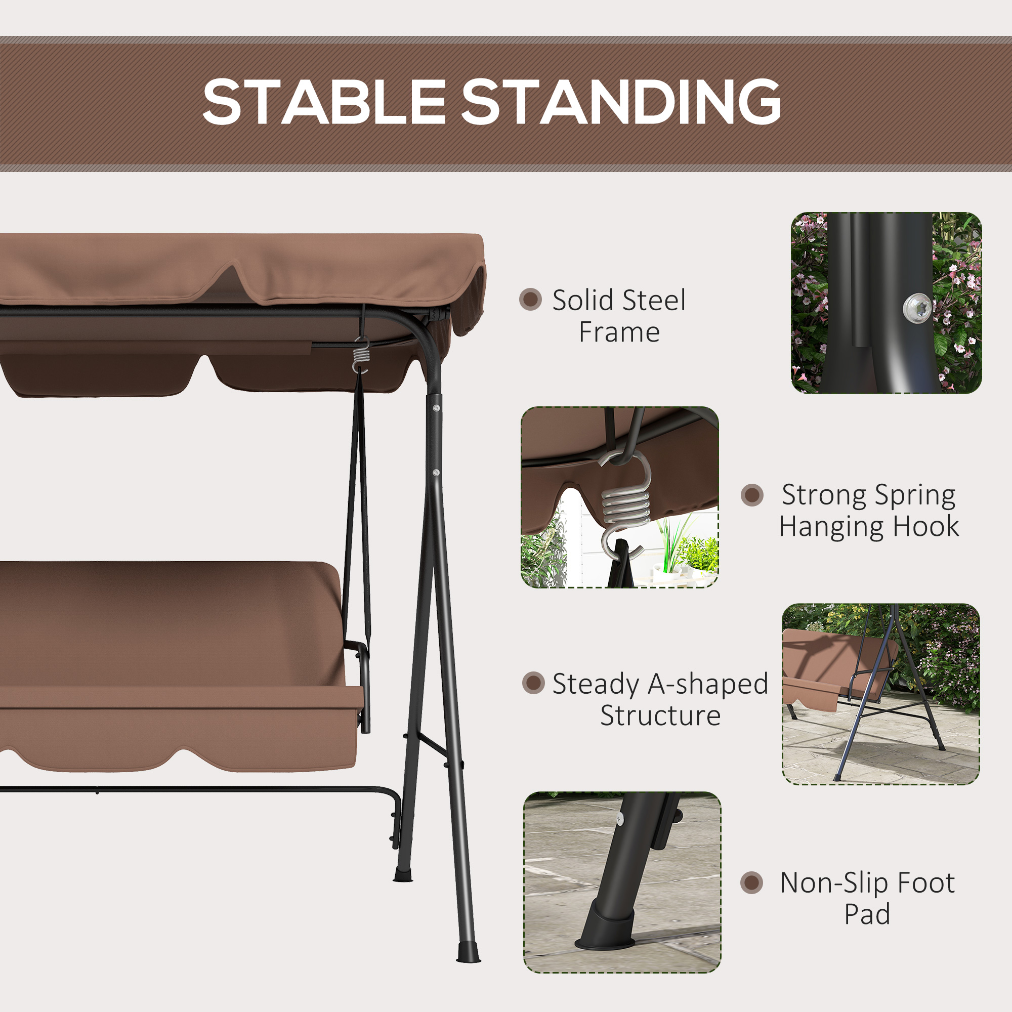 3-Seater Outdoor Porch Swing with Adjustable Canopy, Patio Swing Chair for Garden, Poolside, Backyard, Brown - Image 4