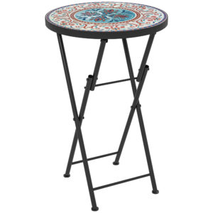 Mosaic Outdoor Patio Side Table, 14" Round Folding Outdoor Coffee Table with Steel Frame for Balcony Deck Patio Terrace, Mixed Colour