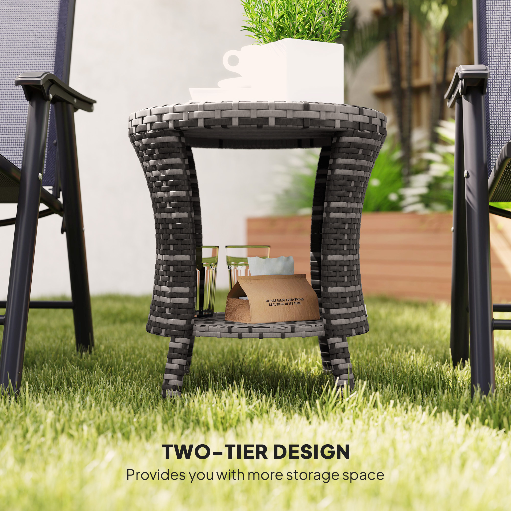 18" Wicker Outdoor Coffee Table, PE Rattan Patio Side Table with 2-Tier Storage, Composite Wood Top, Grey - Image 4