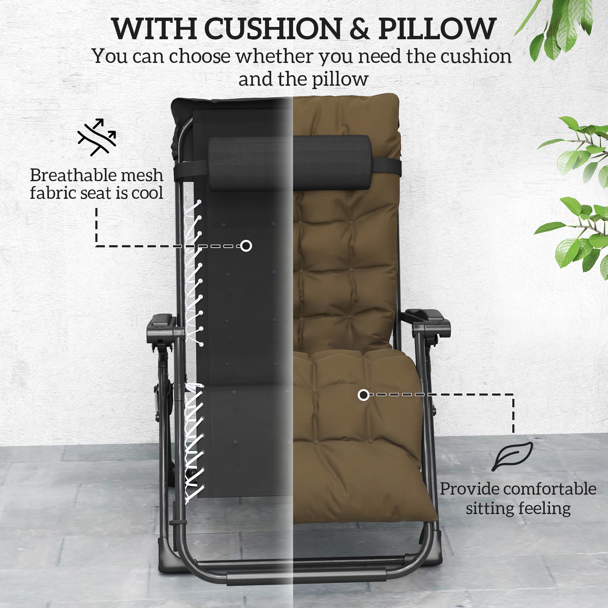 Folding Garden Chair, Reclining Zero Gravity Chair, Sun Lounger with Cushion and Headrest, Khaki - Image 4