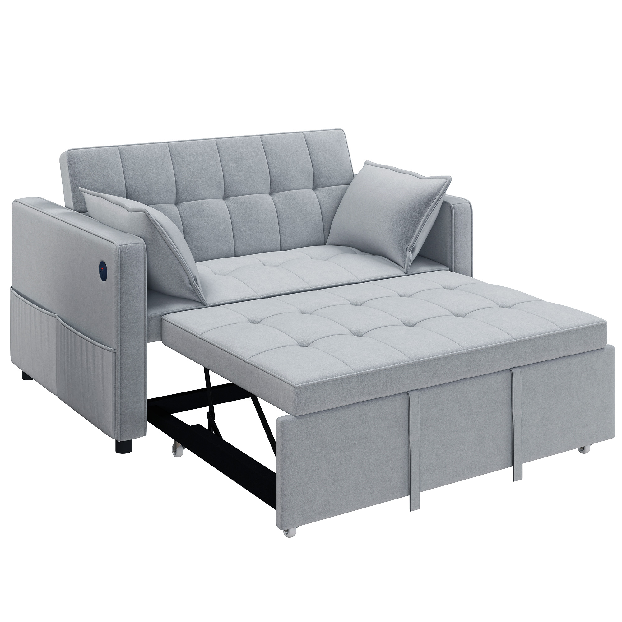 3‑in‑1 Double Sofa Bed, Pull Out Sleeper Sofa with USB Charging, Adjustable Backrest, Side Pockets, Light Grey