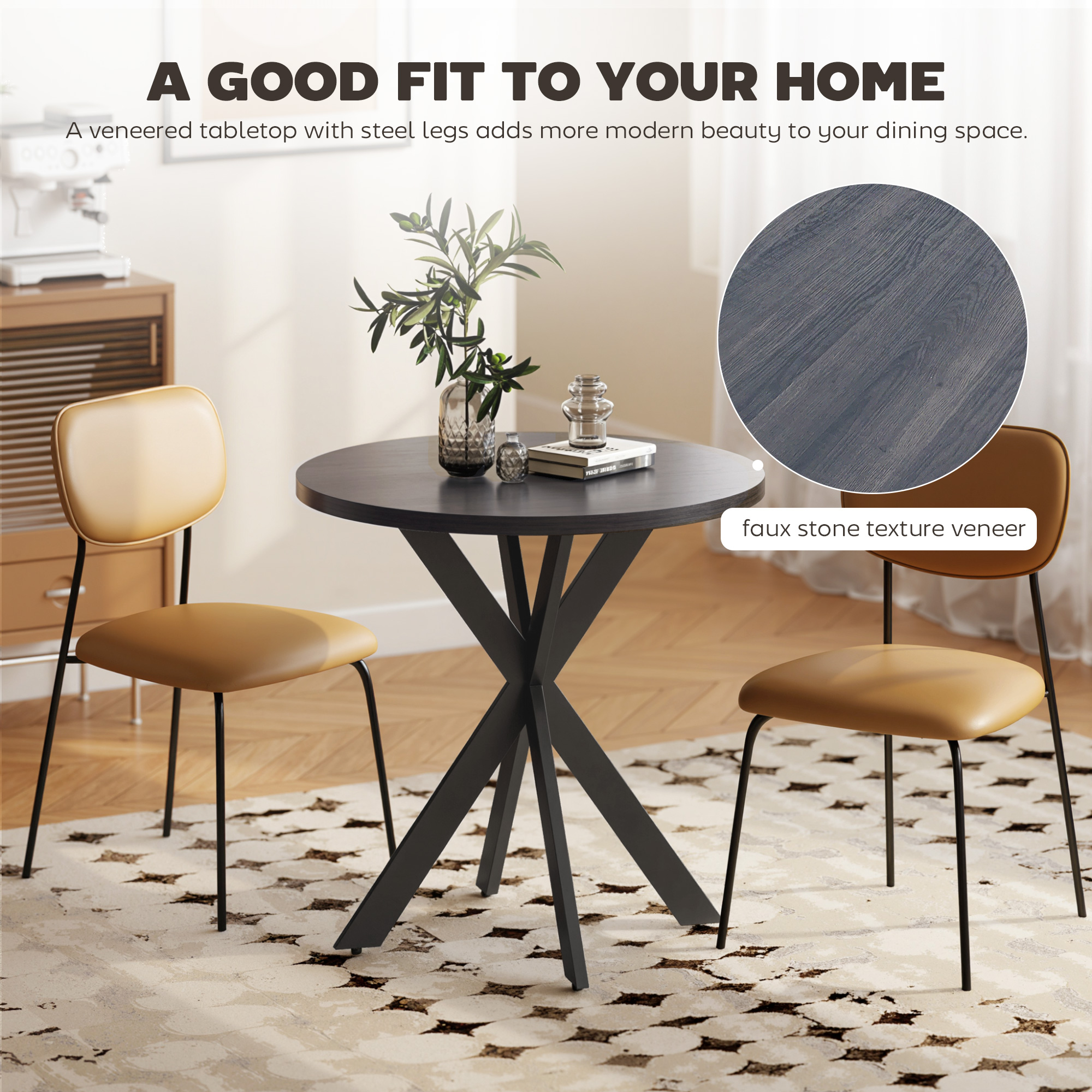 29" Dining Table, Contemporary Round Kitchen Table with Steel Legs, Black - Image 2