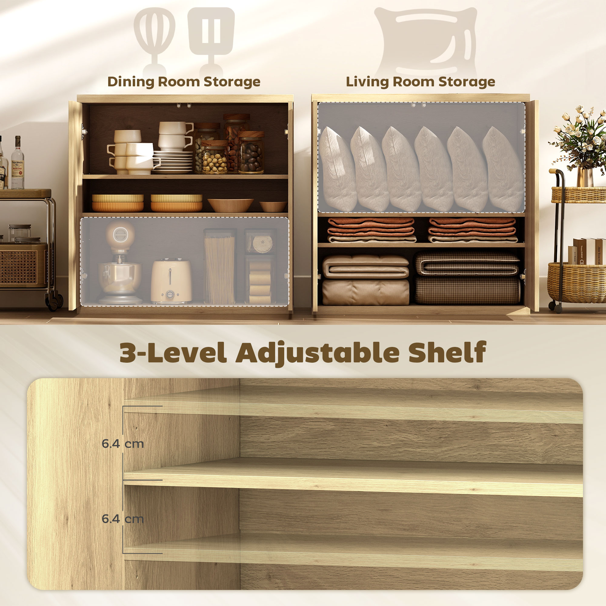 Sideboard Buffet Cabinet Set of 2, Kitchen Cabinet with Soft-Close Door and Adjustable Shelves for Living Room, Oak - Image 3