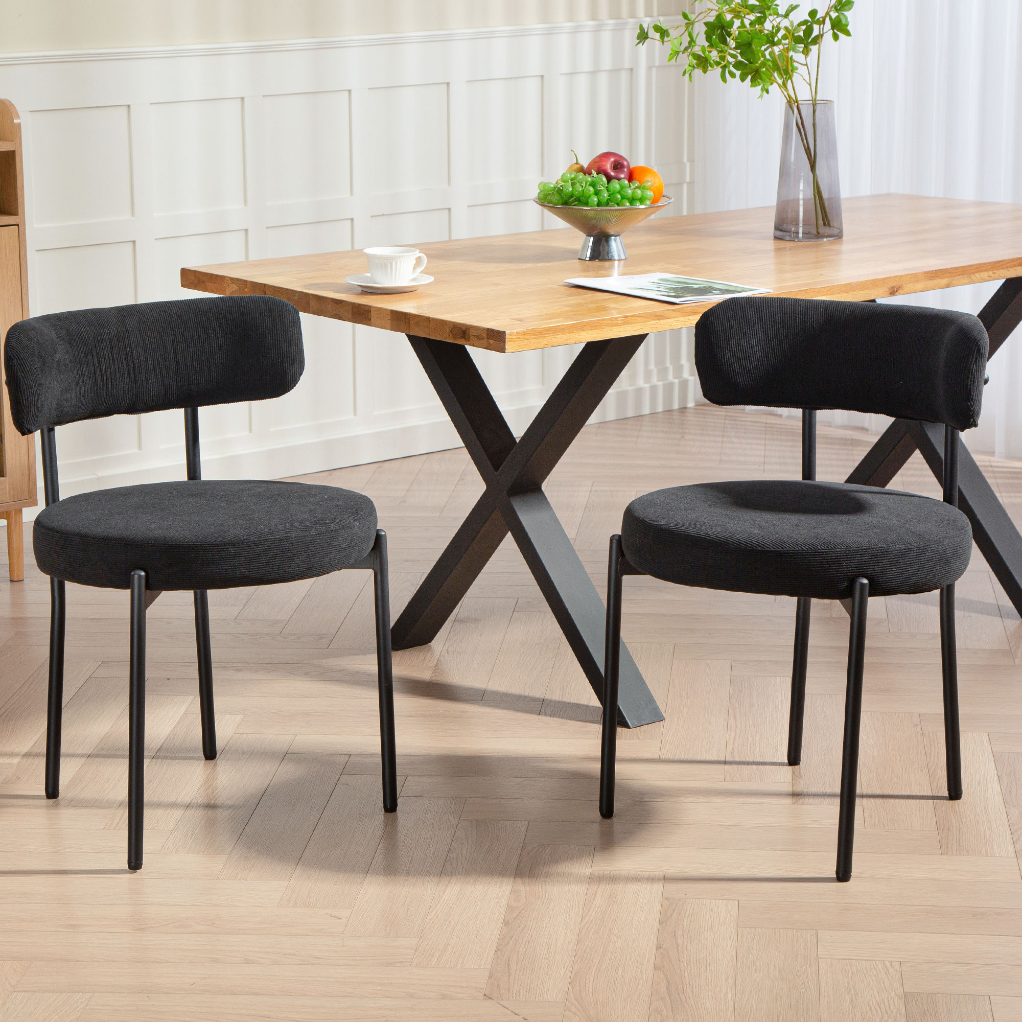 4 Pieces Kitchen Chairs, Modern Dining Chairs w/ Corduroy Upholstery and Steel Legs for Living Room, Black - Image 5