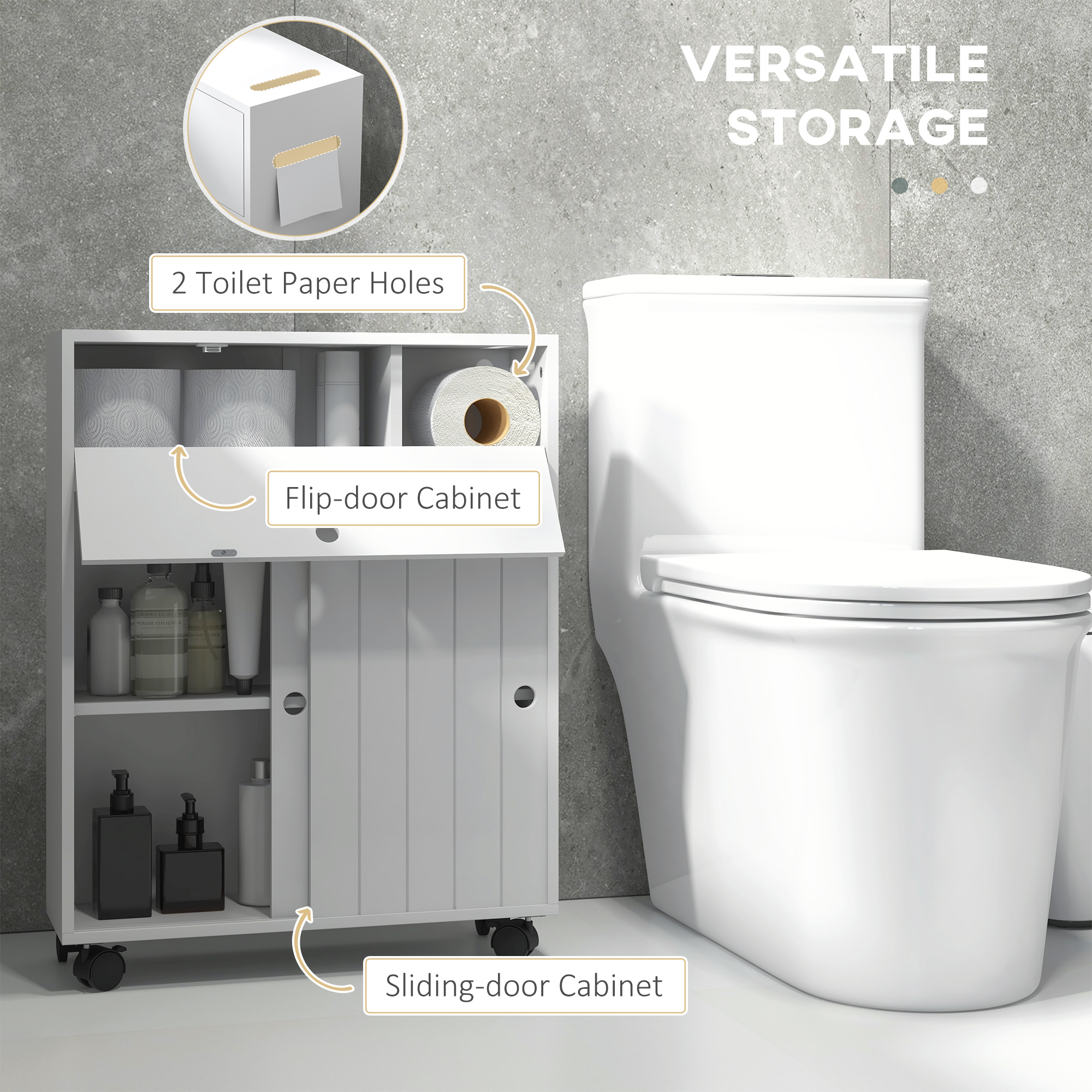 Bathroom Storage Cabinet, Bathroom Cabinet with 4 Rolling Wheels and Paper Holes, 20.5" x 6.75" x 26.5", White - Image 2