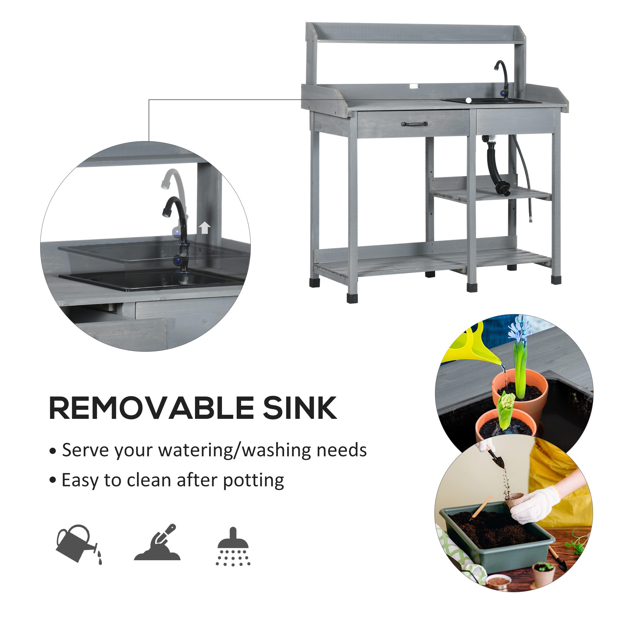 Potting Bench Table Garden Work Bench Workstation with Drawer, Removable Sink and Hooks, 45.3" x 17.7" x 48.4", Grey - Image 2