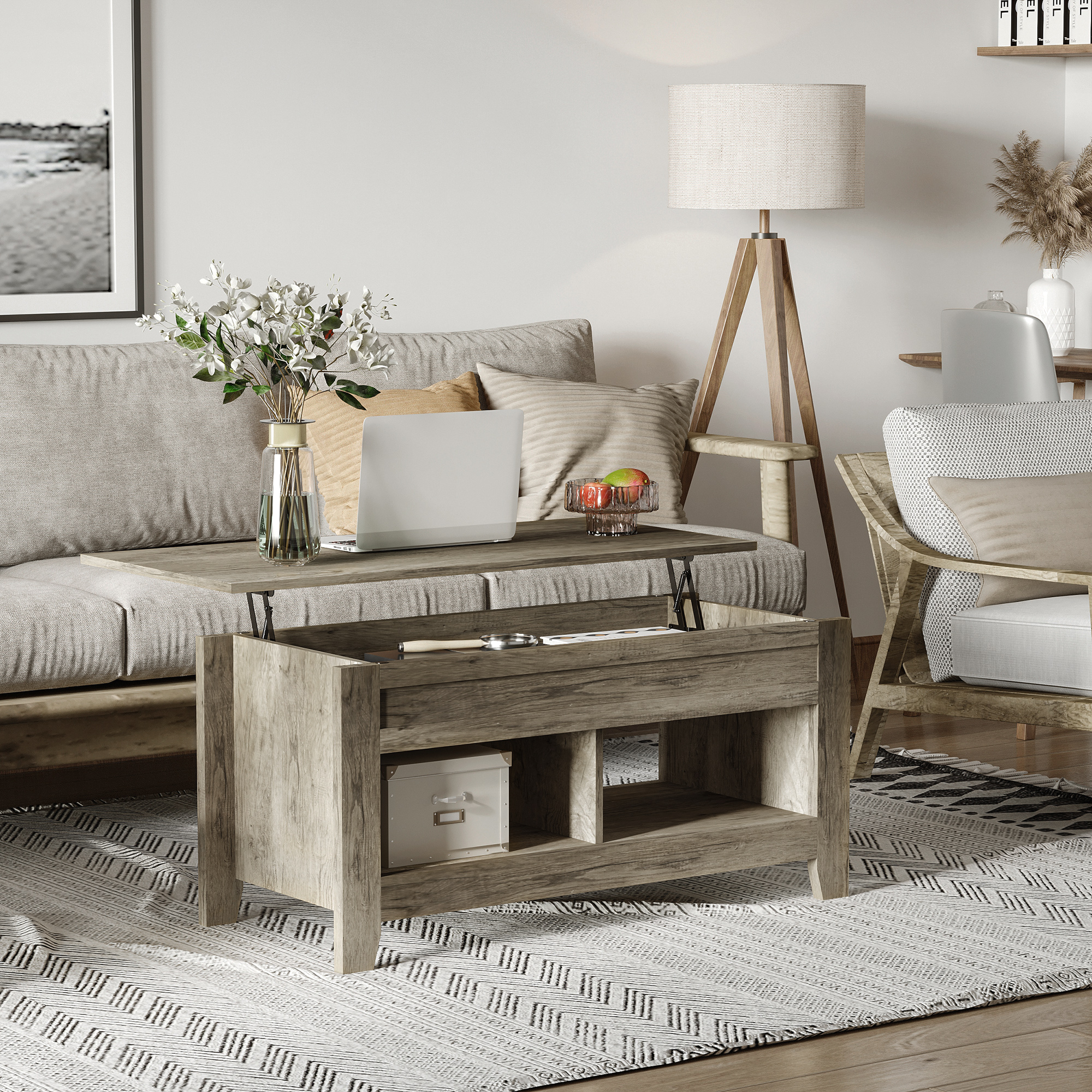 Lift Top Coffee Table with Hidden Storage Compartment and Open Shelves, Lift Tabletop Pop-Up Center Table for Living Room, Oak Effect - Image 6