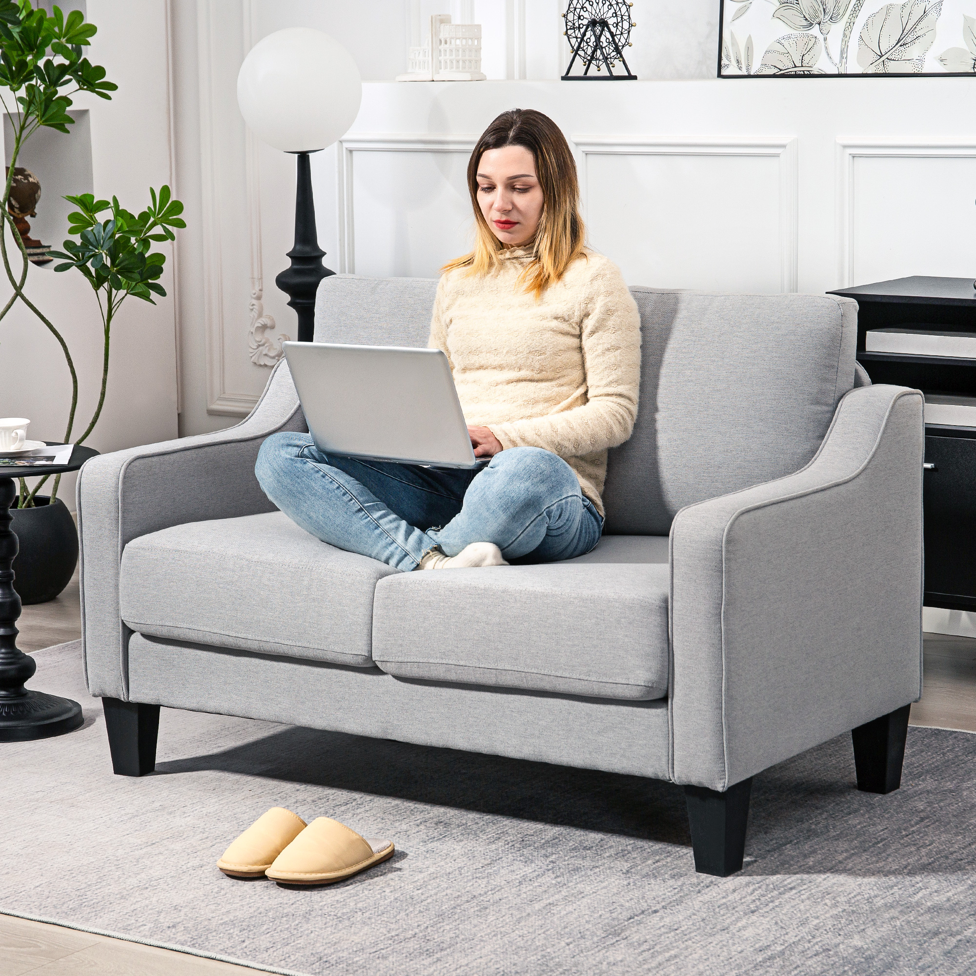 Loveseat Sofa, Modern Couch with Pocket Spring, Linen Upholstered, Thick Padded, Light Grey - Image 5