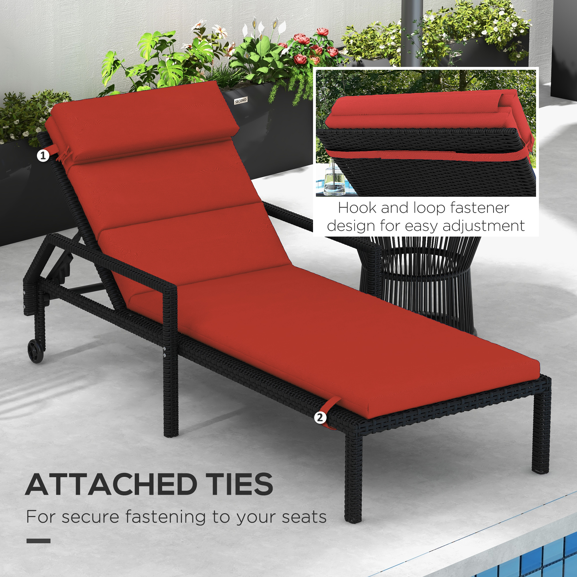 Patio Chaise Lounge Chair Cushion Replacement Sun Lounger Pads with Headrest and Ties, Wine Red - Image 4
