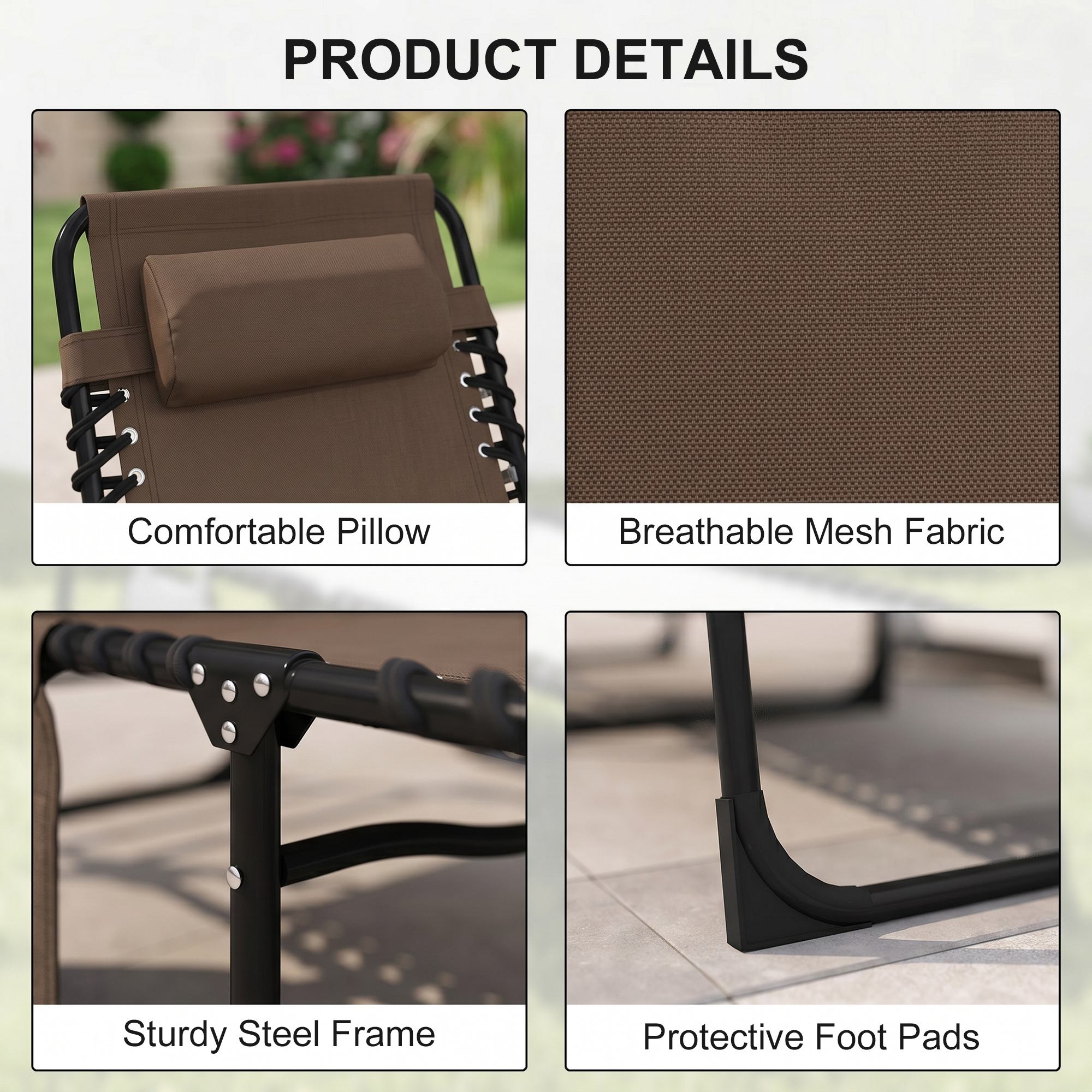 Outdoor Folding Chaise Lounge, Reclining Lounge Chair with Adjustable Backrest and Removable Pillow, Brown - Image 3