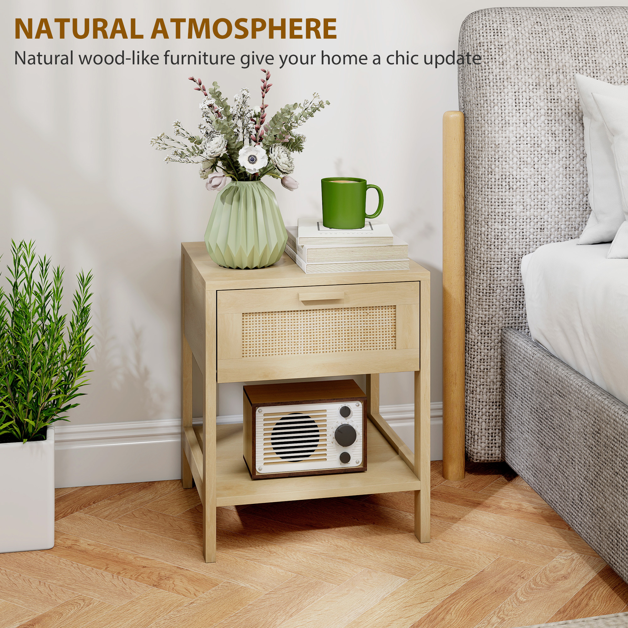 Narrow Nightstand with Rattan Elements, Bedside Table with Drawer and Storage Shelf for Bedroom, Set of 2, Natural Wood - Image 4
