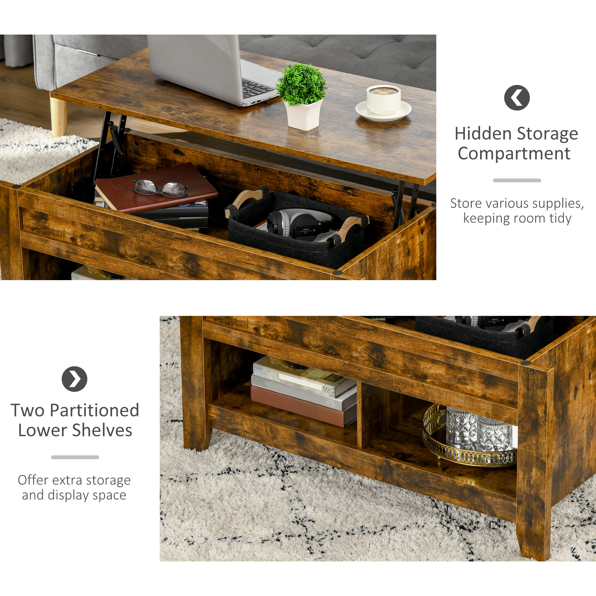 Lift Top Coffee Table with Hidden Storage Compartment and Open Shelves, Lift Tabletop Pop-Up Center Table for Living Room, Brown - Image 3