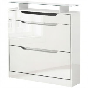 High Gloss Shoe Cabinet with 2 Flip Drawers and Adjustable Shelves, Narrow Shoe Storage Cabinet with Glass Top, White