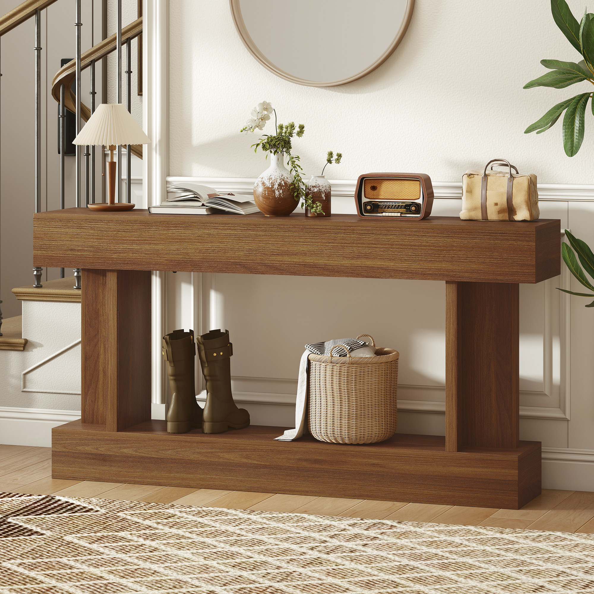 63 Inch Long Console Table, Vintage Narrow Entryway Table with Storage Shelf for Living Room and Hallway, Dark Brown - Image 6