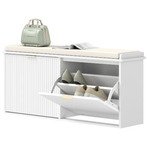 Entryway Bench with Padded Seat and Flip-Drawers, Holds up to 529lbs, Shoe Storage Bench for 10 Pairs of Shoes, White