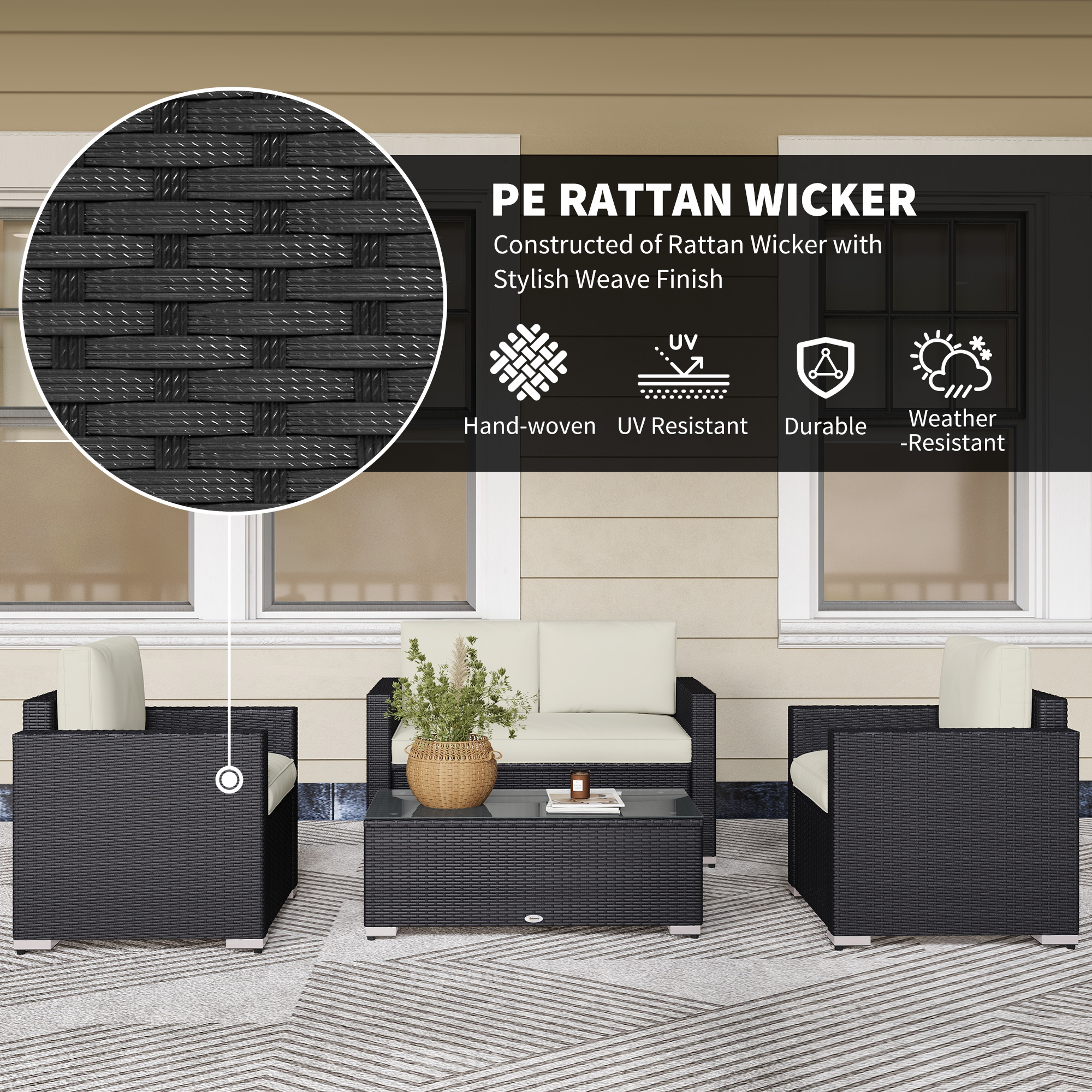 Outdoor Furniture with Table, Wicker Furniture with Loveseat and 2 Chair for Garden, Poolside, Cream - Image 2