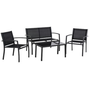 4-Piece Patio Furniture Set with Glass Top Coffee Table, Breathable Mesh Seat & Backrest for Garden, Balcony, Black
