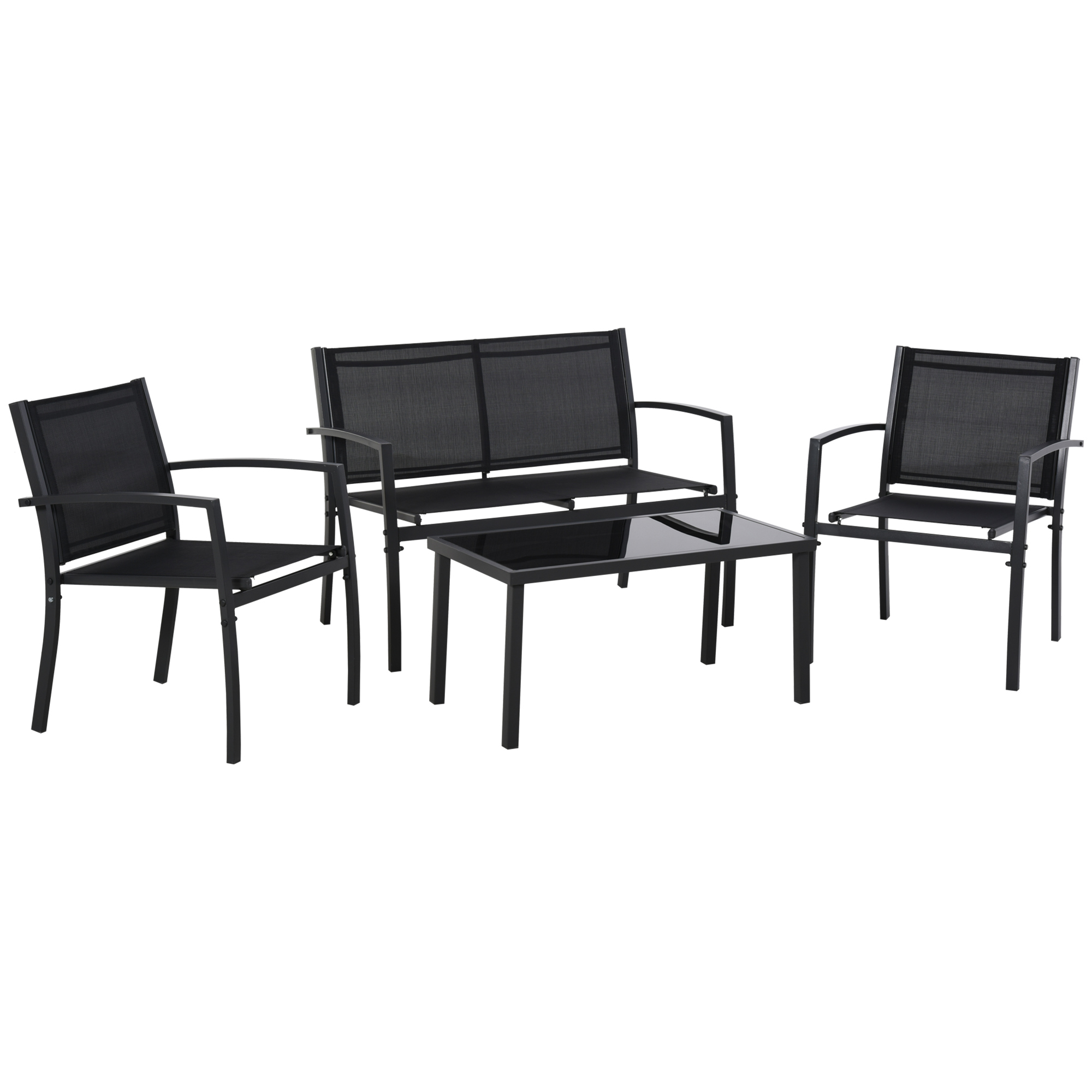 4-Piece Patio Furniture Set with Glass Top Coffee Table, Breathable Mesh Seat & Backrest for Garden, Balcony, Black
