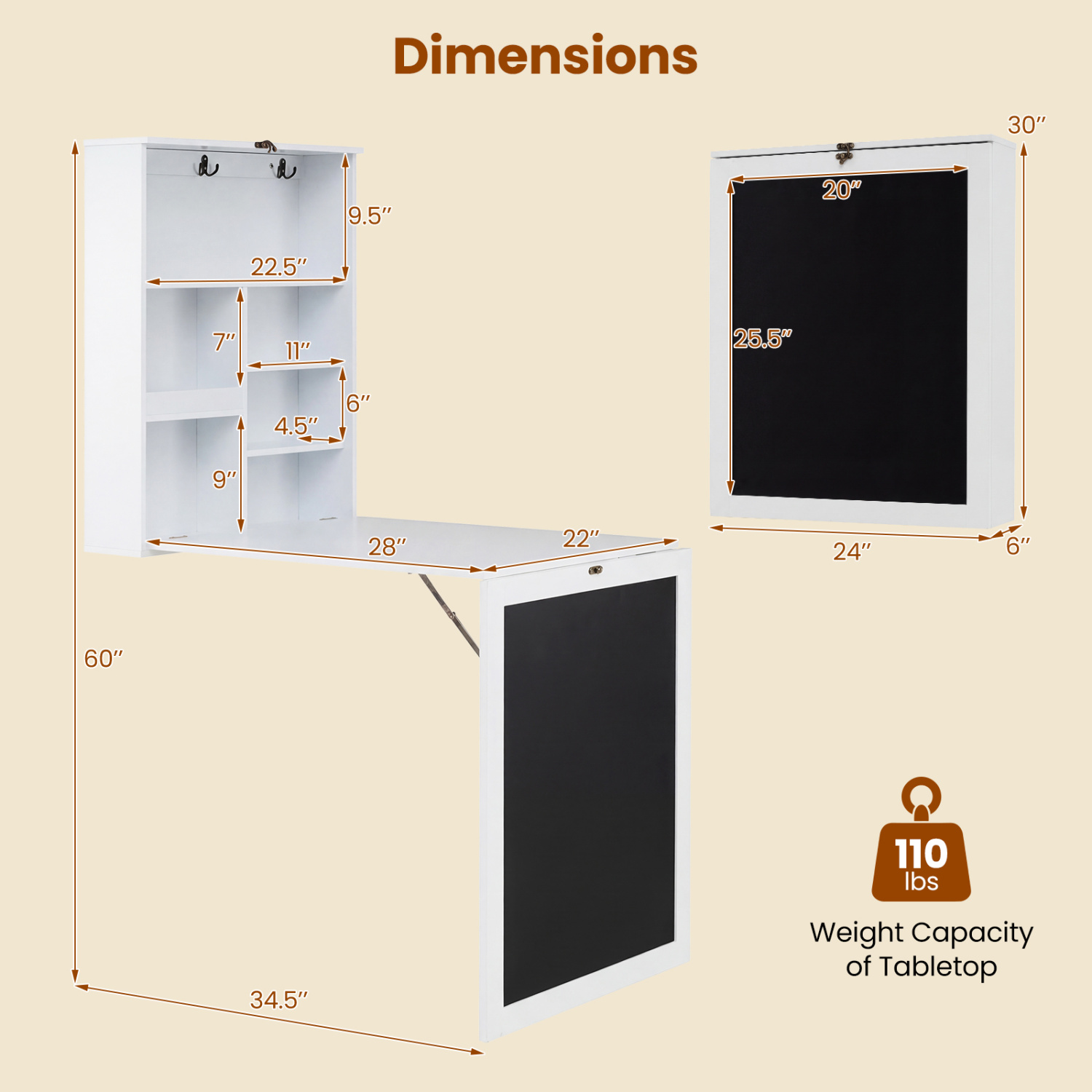 Convertible Wall Mounted Table with A Chalkboard-White - Image 4