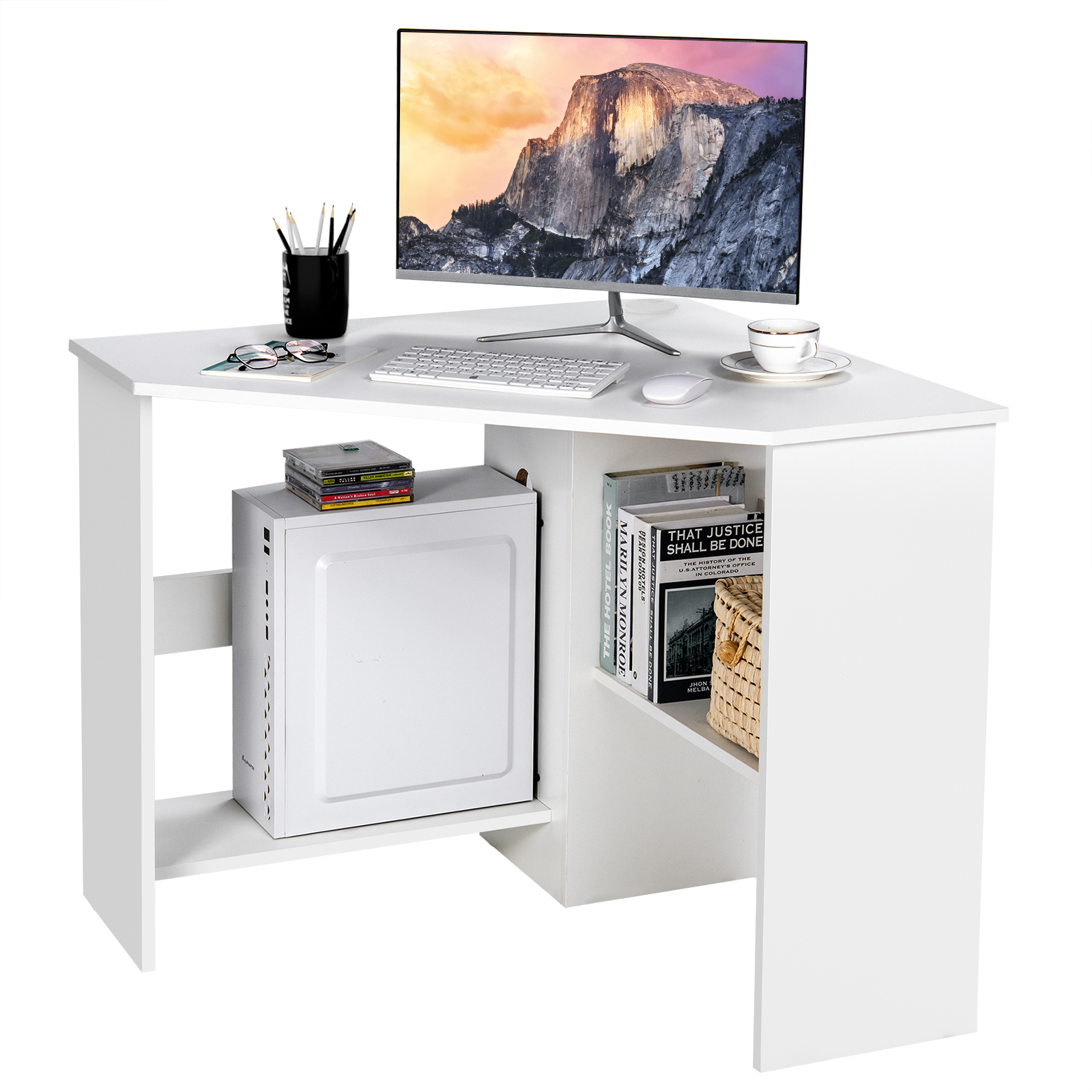 Corner Computer Desk Triangle Writing Workstation with Storage Shelf-White - Image 3