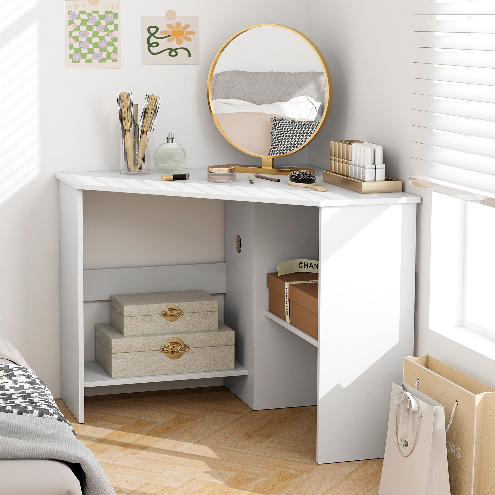 Corner Computer Desk Triangle Writing Workstation with Storage Shelf-White - Image 5