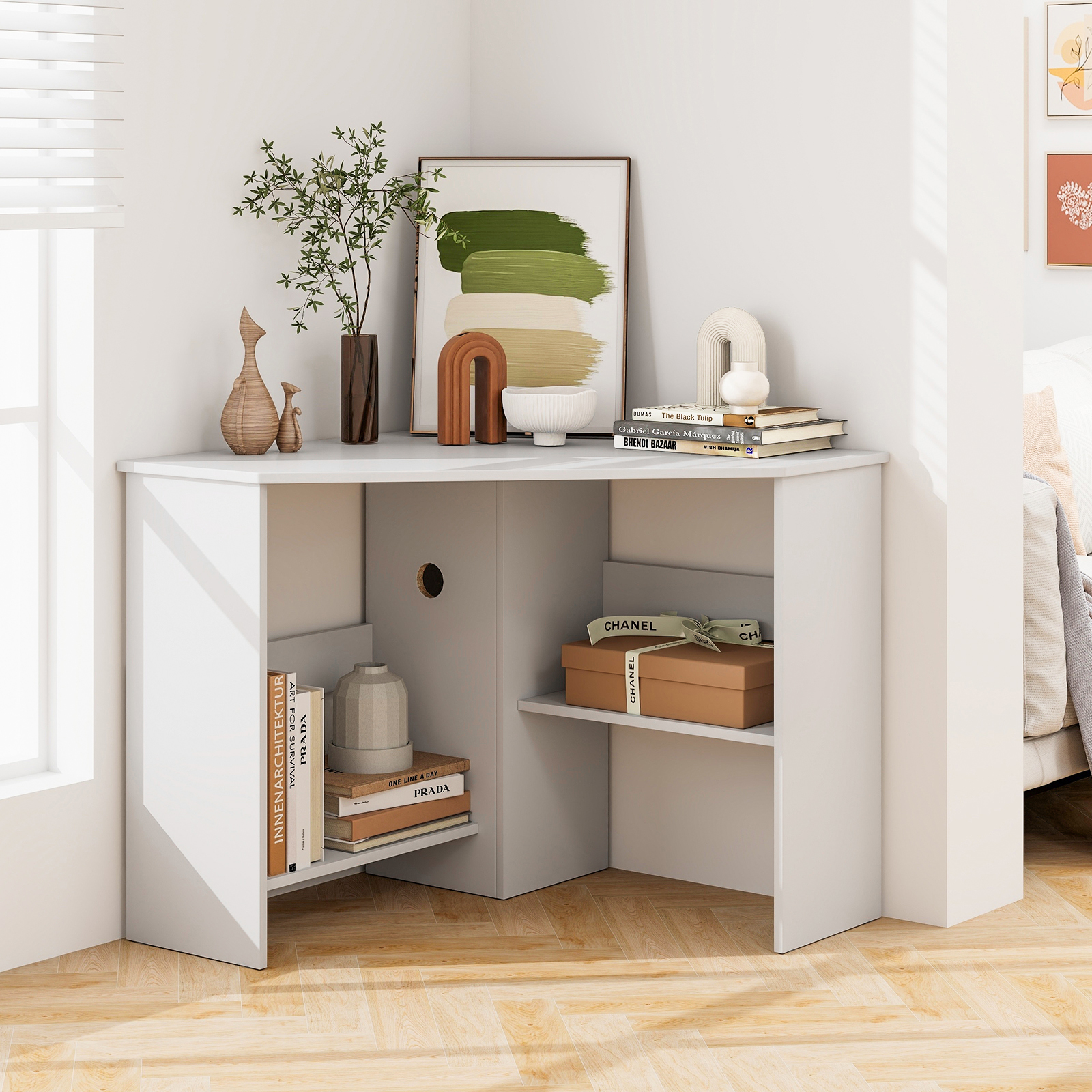Corner Computer Desk Triangle Writing Workstation with Storage Shelf-White - Image 6