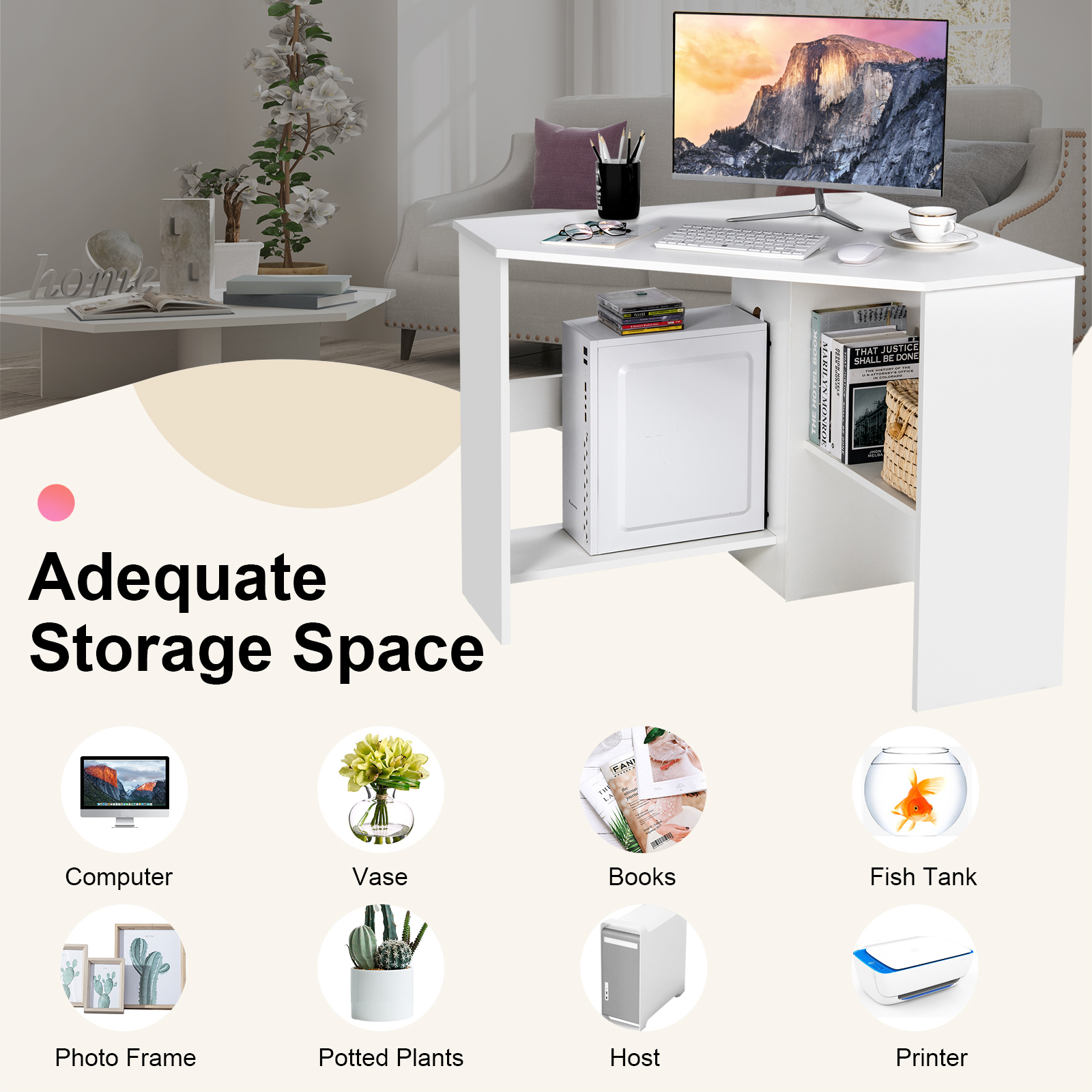 Corner Computer Desk Triangle Writing Workstation with Storage Shelf-White - Image 7