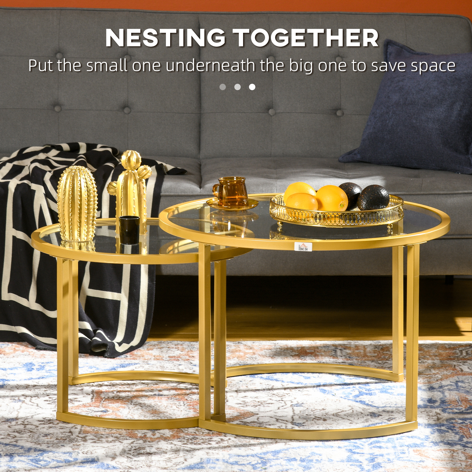 Round Coffee Table Set of 2, Modern Nesting Tables with Tempered Glass Top and Steel Frame for Living Room, Gold - Image 2