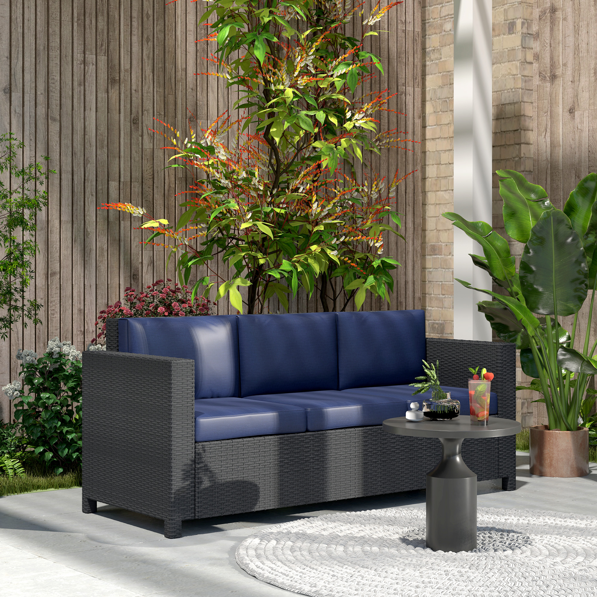 Deluxe 3 Seat Rattan Wicker Sofa Garden Outdoor Patio Furniture with Cushion, Navy Blue - Image 5