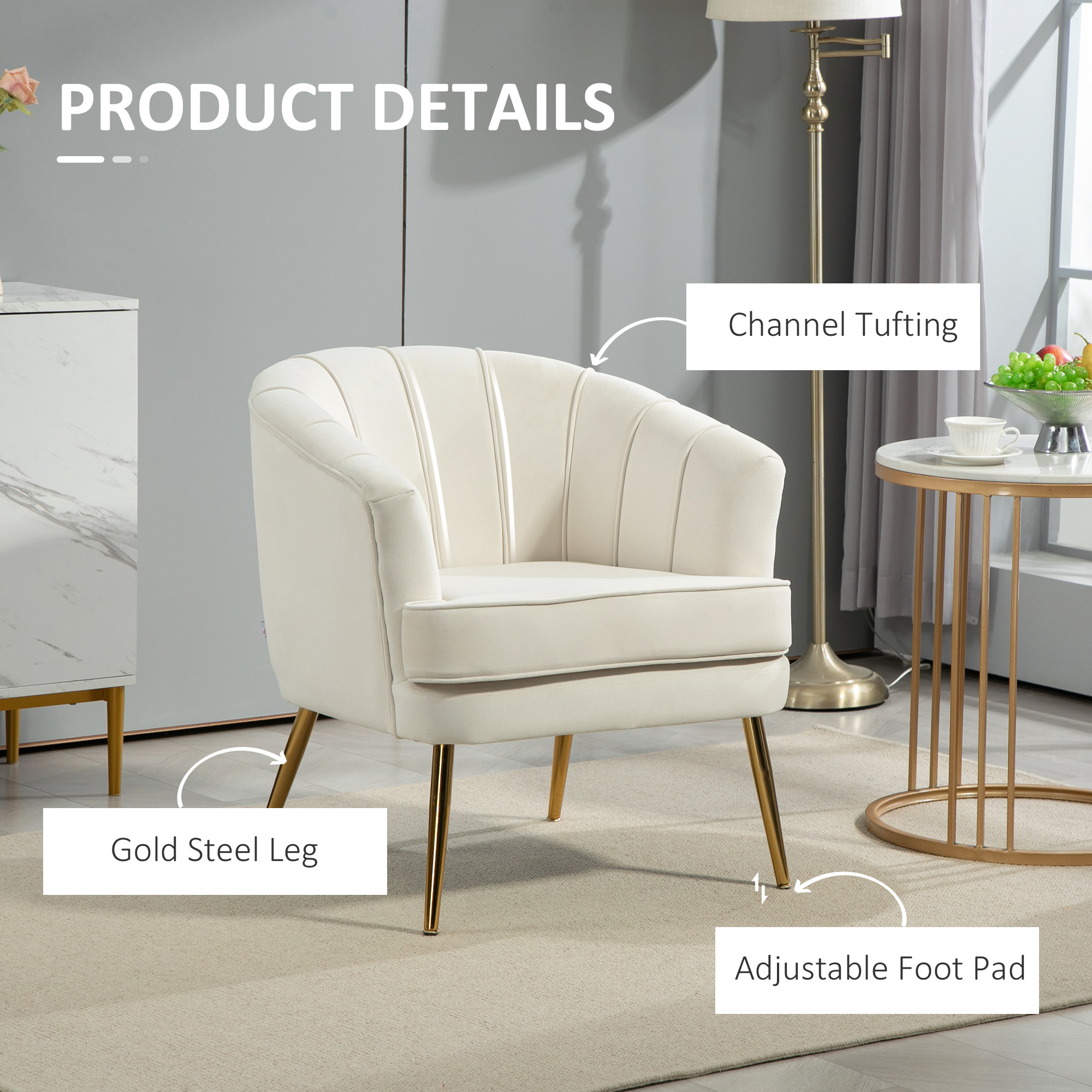 Fabric Armchair, Modern Accent Chair with Gold Metal Legs for Living Room, Bedroom, Home Office, Cream White - Image 3