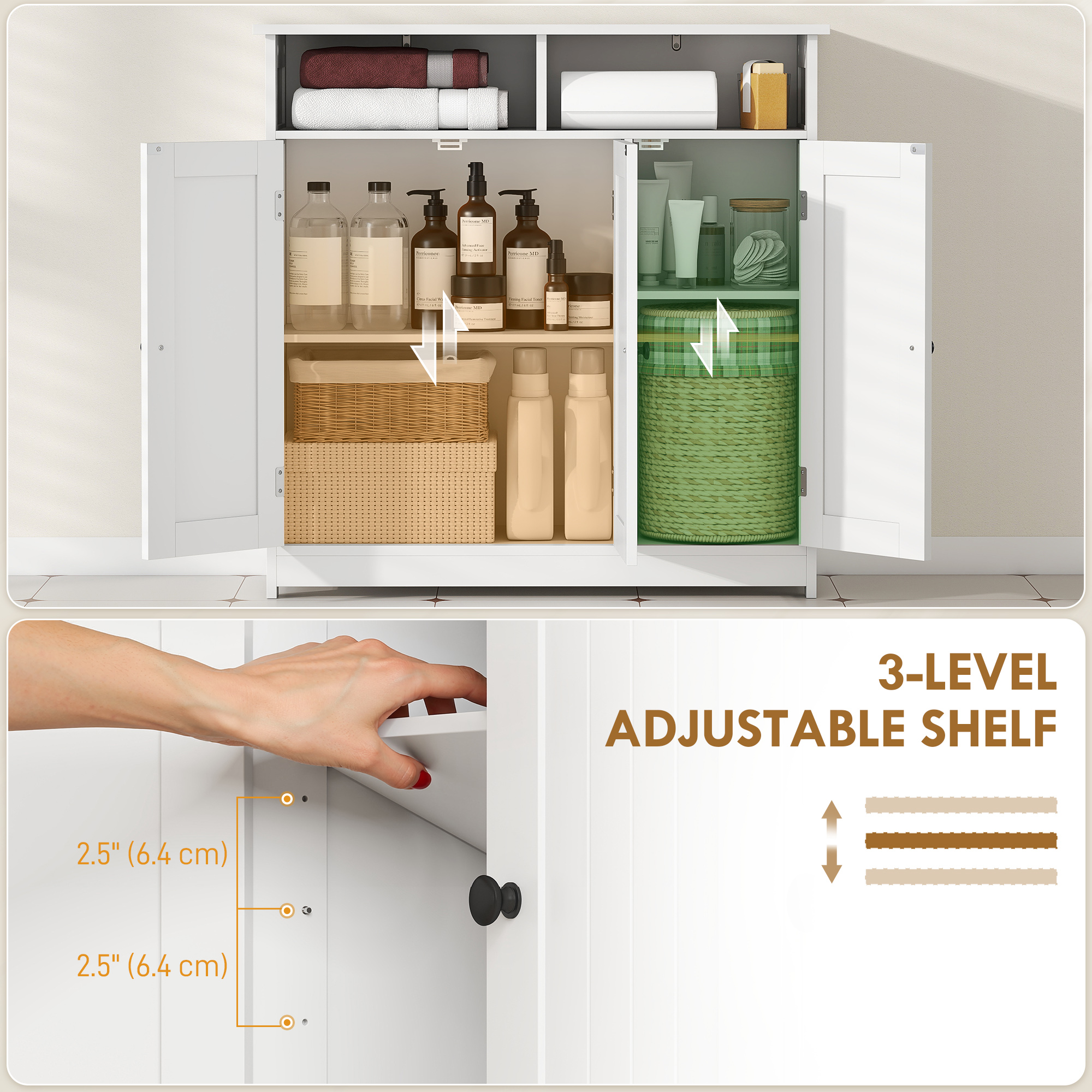 Bathroom Floor Cabinet, Freestanding Bathroom Storage Unit with 3 Doors, 2 Open Shelves and Adjustable Shelf, White - Image 3