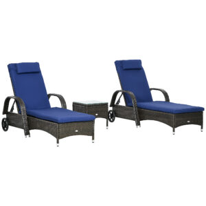 Patio Rattan Lounge Set, Wheeled Wicker Chaise Lounge Chair and Table with Tempered Glass Top, Dark Blue