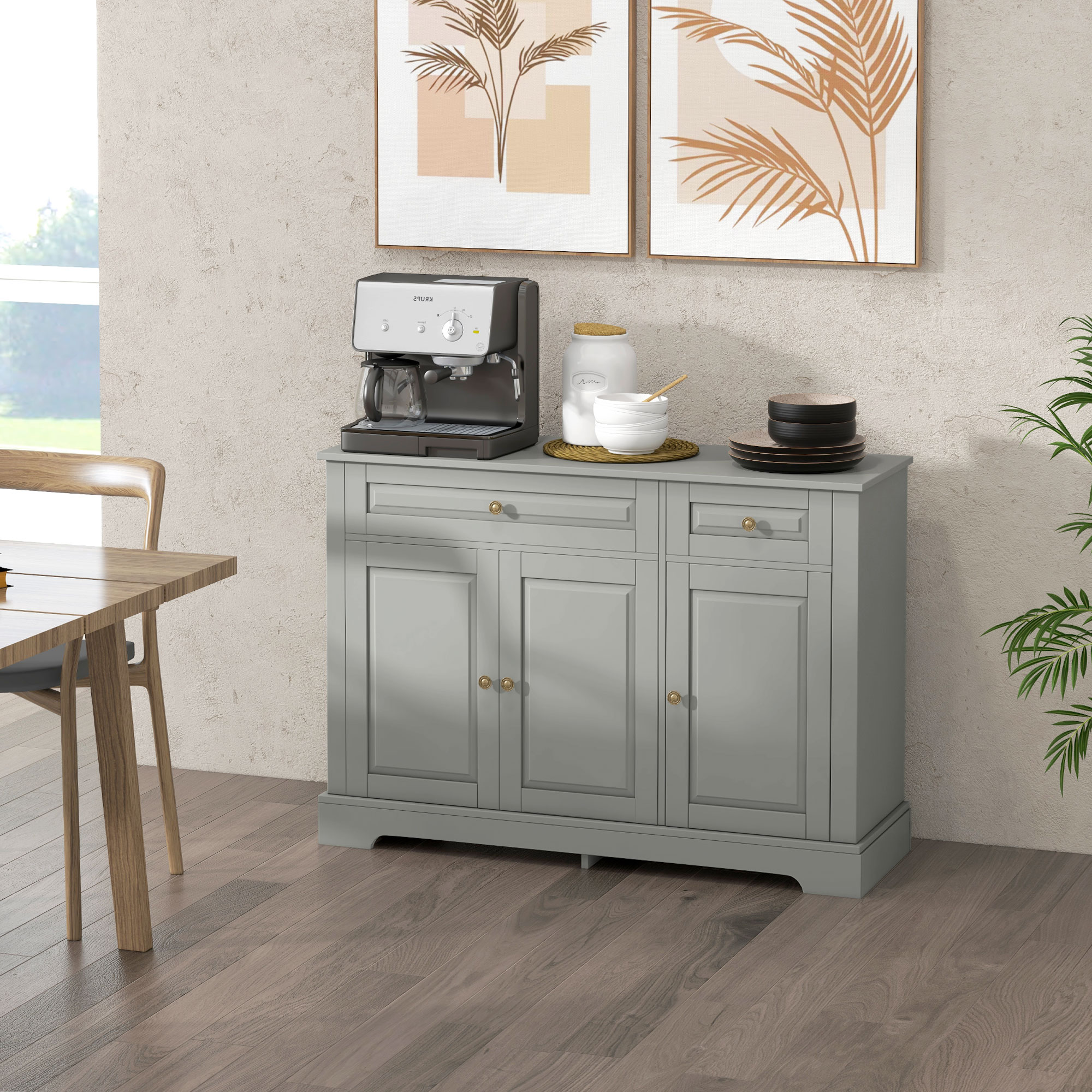 Modern Sideboard Cabinet, Buffet Cabinet with 2 Drawers and Adjustable Shelves, Buffets Tables for Dining Room, Grey - Image 5