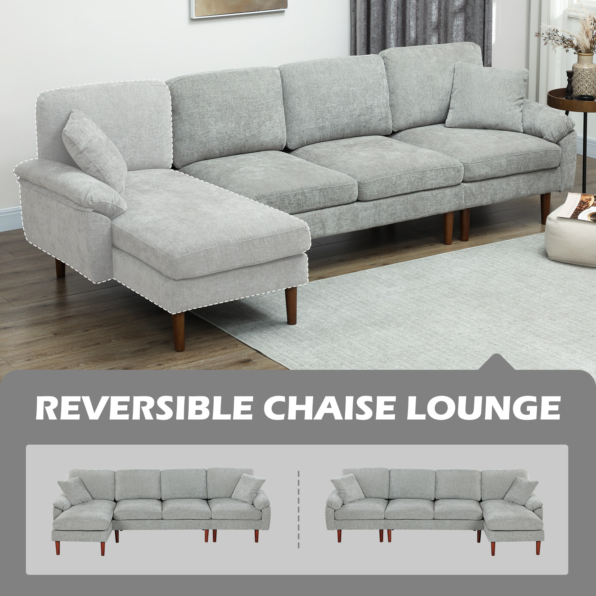 L-Shape Sofa, Modern Sectional Couch with Changeable Chaise Lounge, Pillows and Wooden Legs for Living Room, Grey - Image 3
