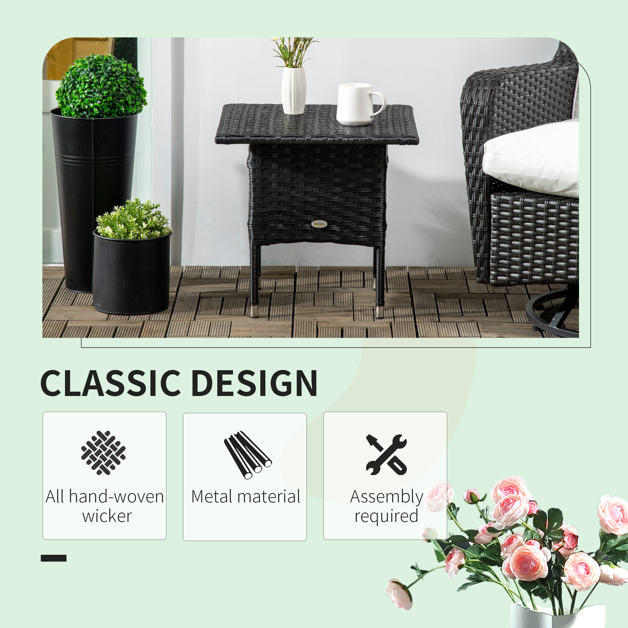 20" Patio Wicker Coffee Table, Outdoor Coffee Table with Plastic Board Underneath the Woven Tabletop for Patio, Garden, Balcony, Black - Image 2
