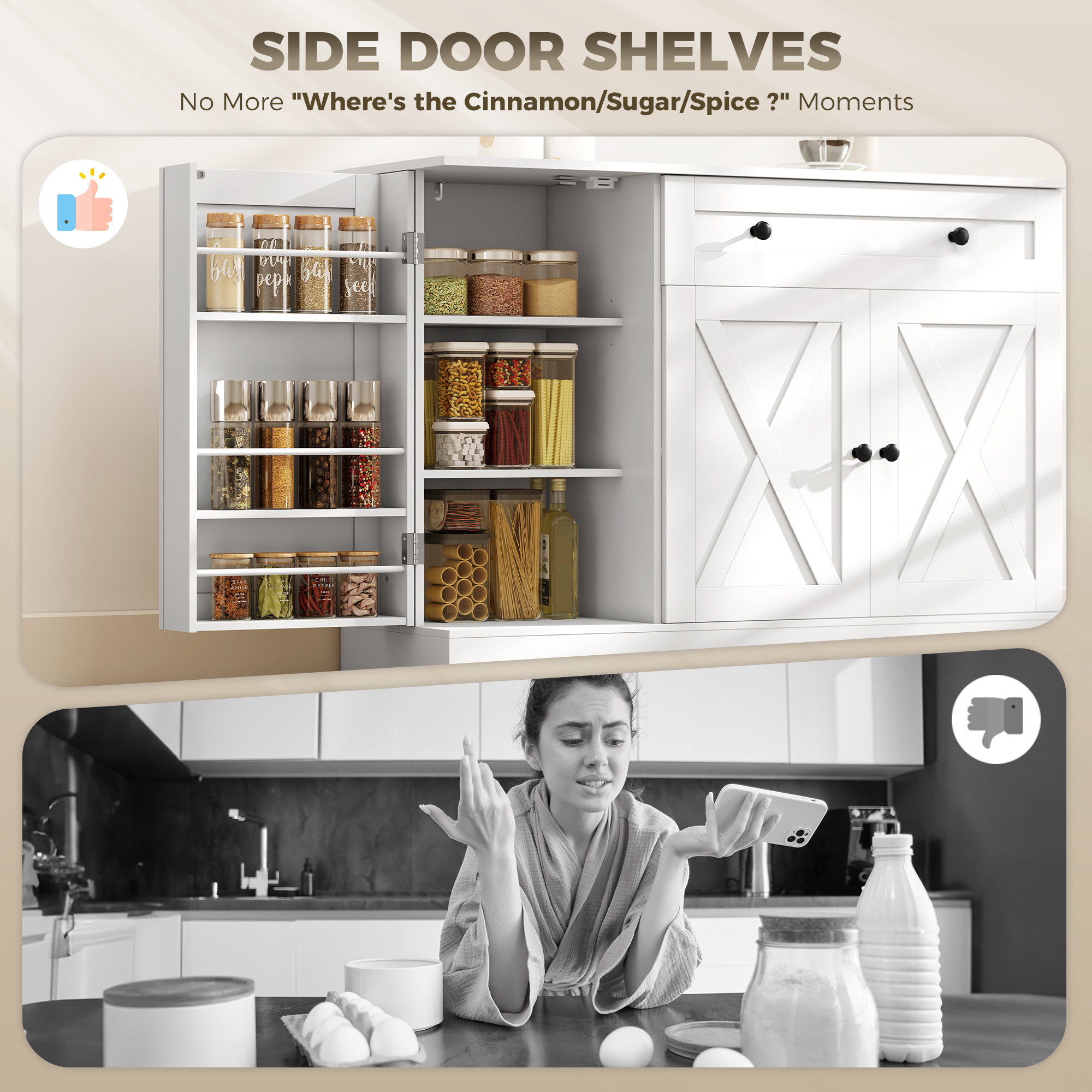 Sideboard Buffet Cabinet, Farmhouse Coffee Bar Cabinet with Door Shelves, Adjustable Shelves, Drawer, Barn Doors, White - Image 3