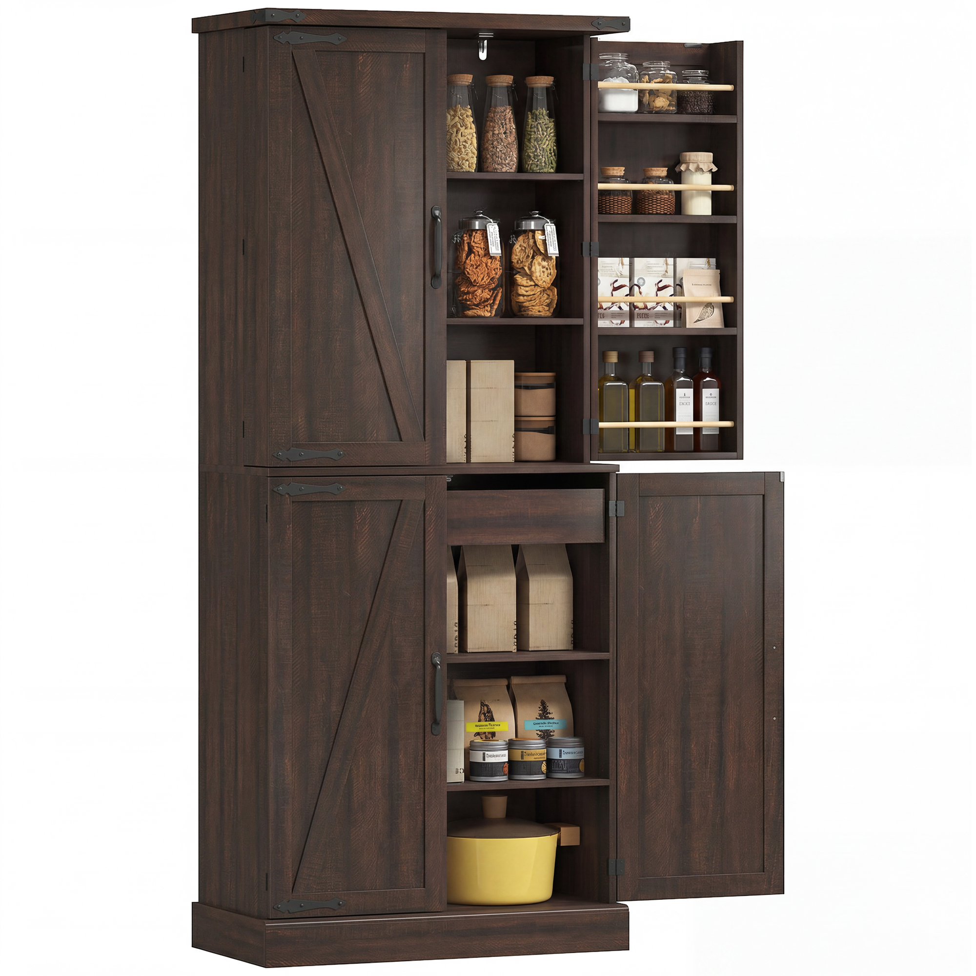 72" Tall Kitchen Pantry Cabinet, Farmhouse Storage Cabinet with 8 Door Racks and Adjustable Shelves, Distressed Brown