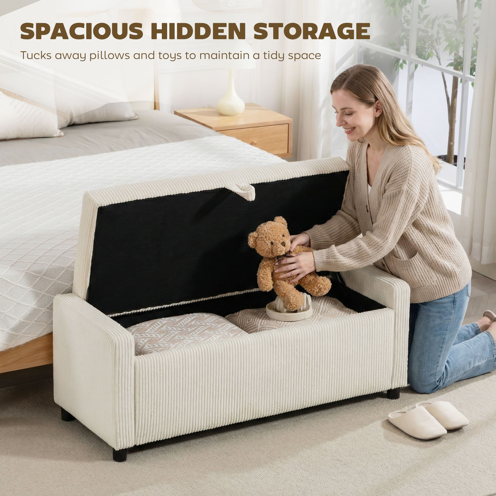 Storage Ottoman, Upholstered Corduroy End of Bed Bench with Thick Padding, Storage Bench for Bedroom, Beige - Image 2